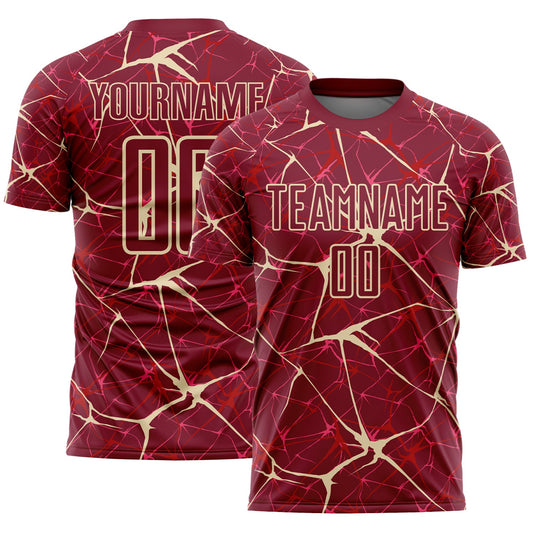 Custom Crimson-Cream Abstract Network Crackle Sublimation Soccer Uniform Jersey - Main View