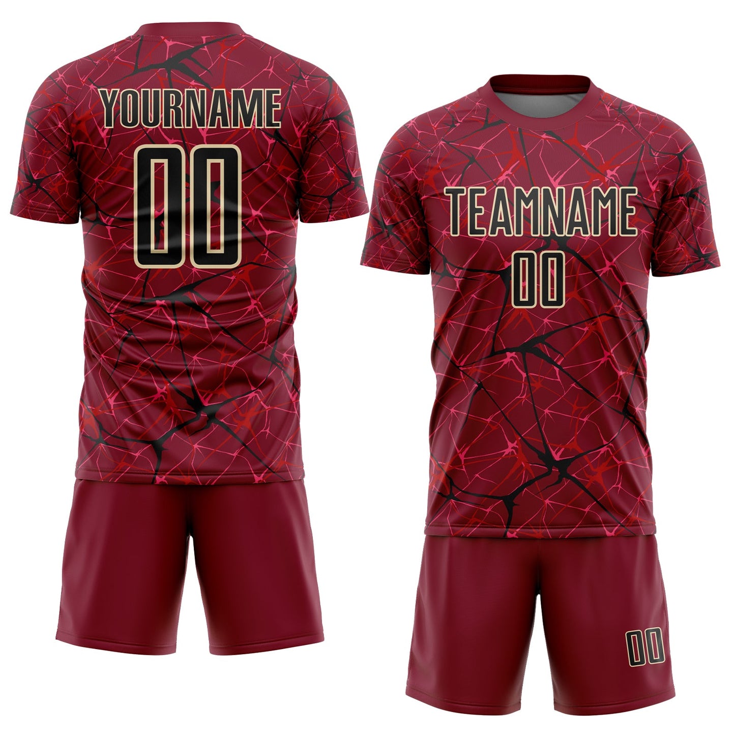 Custom Crimson Black-Cream Abstract Network Crackle Sublimation Soccer Uniform Jersey view 2