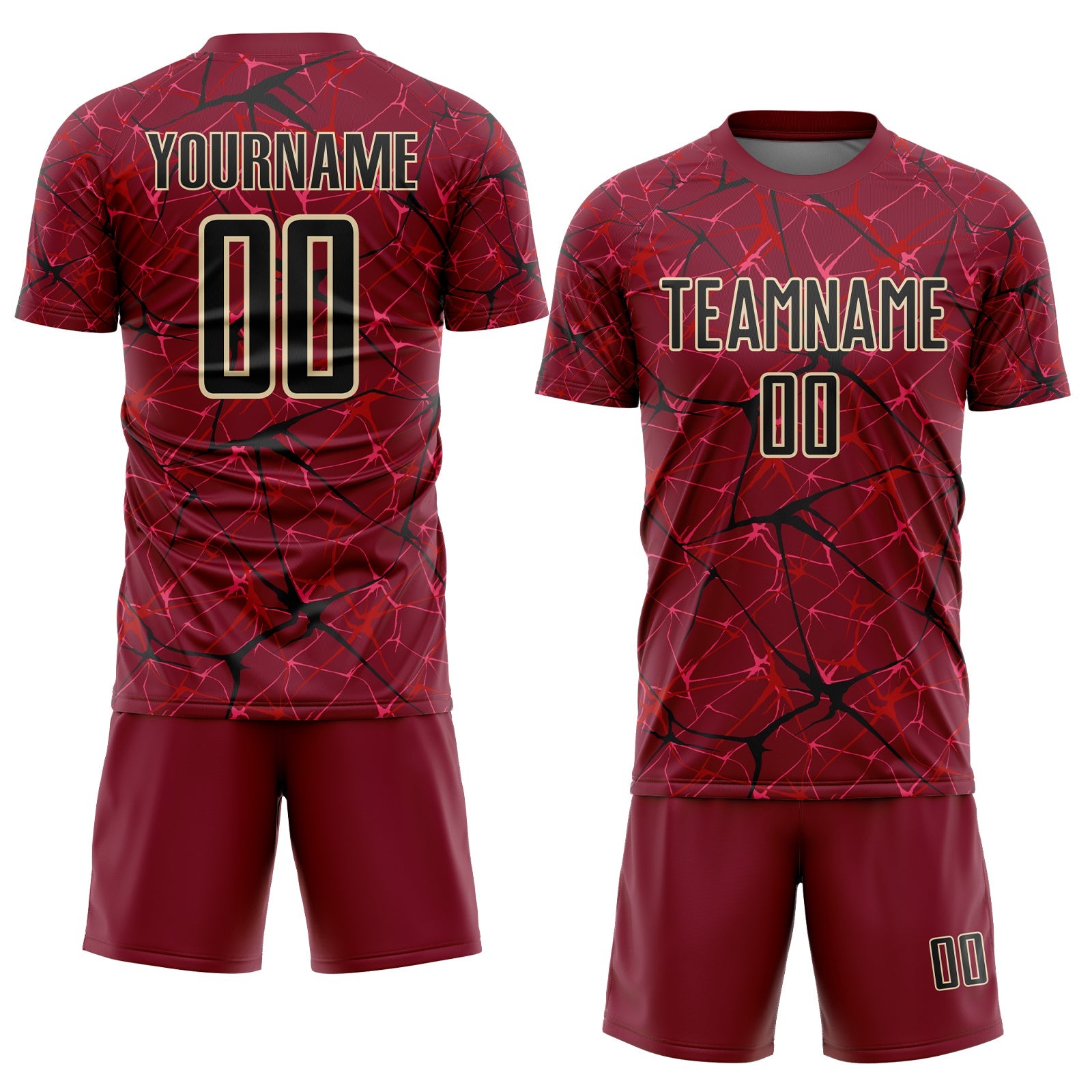 Custom Crimson Black-Cream Abstract Network Crackle Sublimation Soccer Uniform Jersey view 2