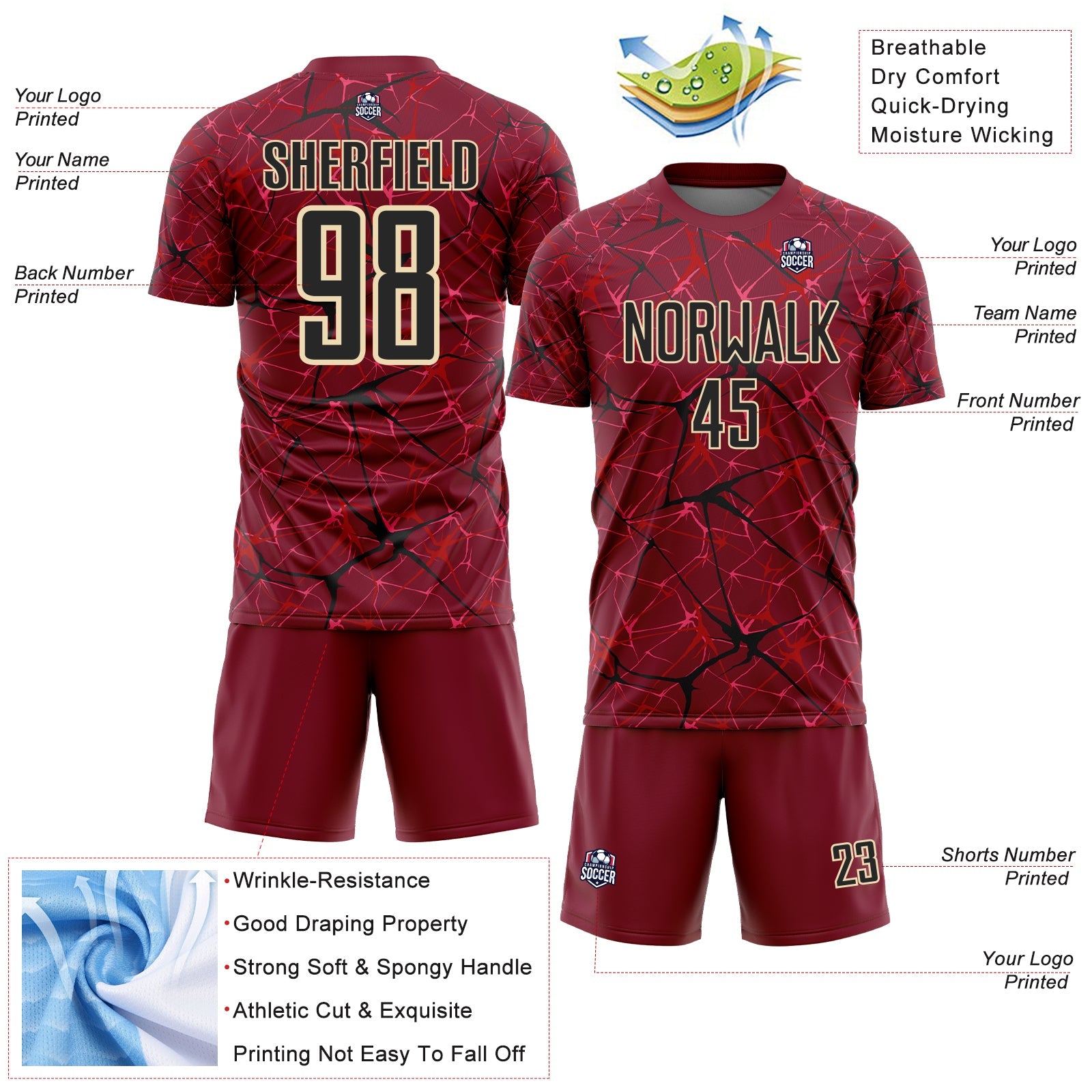 Custom Crimson Black-Cream Abstract Network Crackle Sublimation Soccer Uniform Jersey view 4