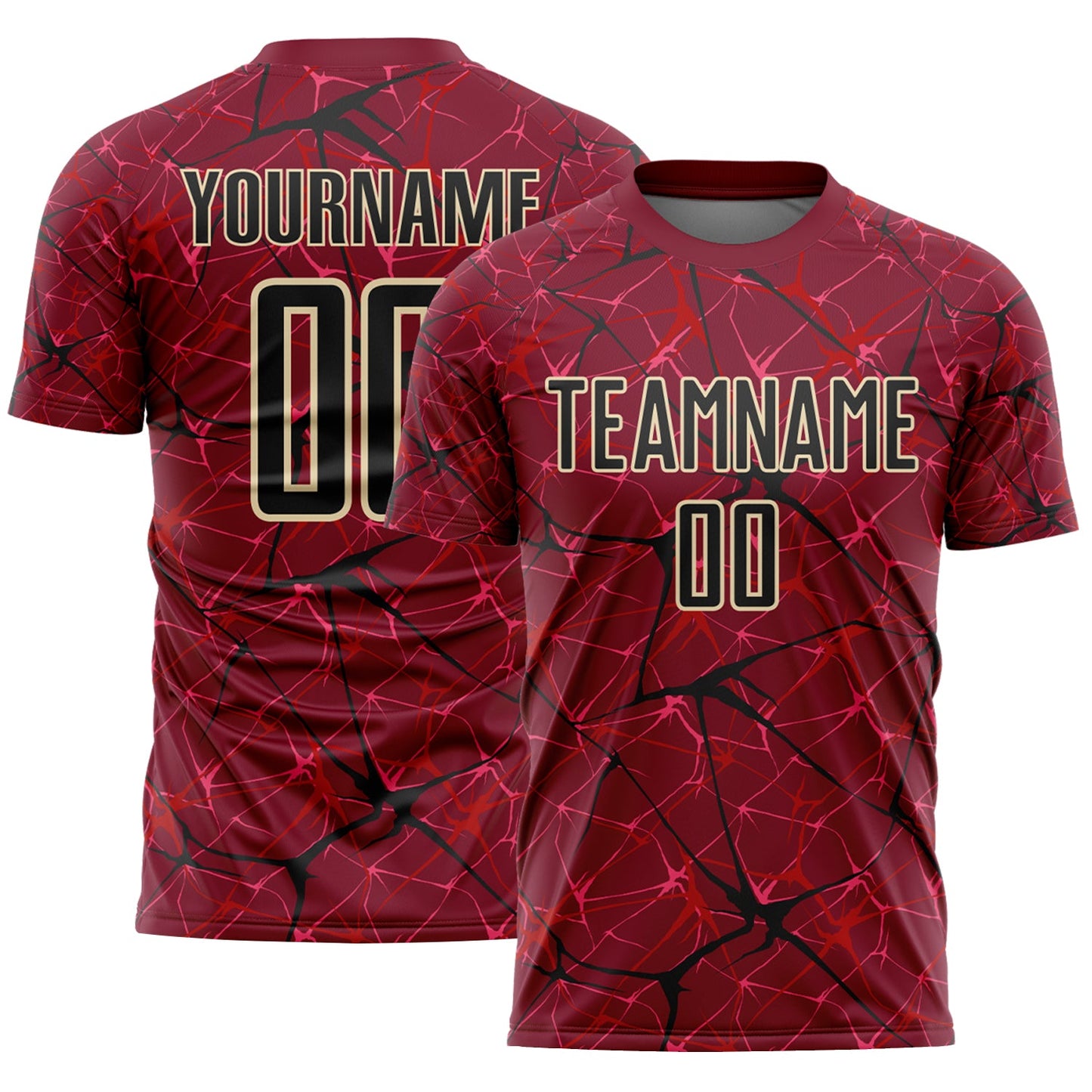 Custom Crimson Black-Cream Abstract Network Crackle Sublimation Soccer Uniform Jersey - Main View
