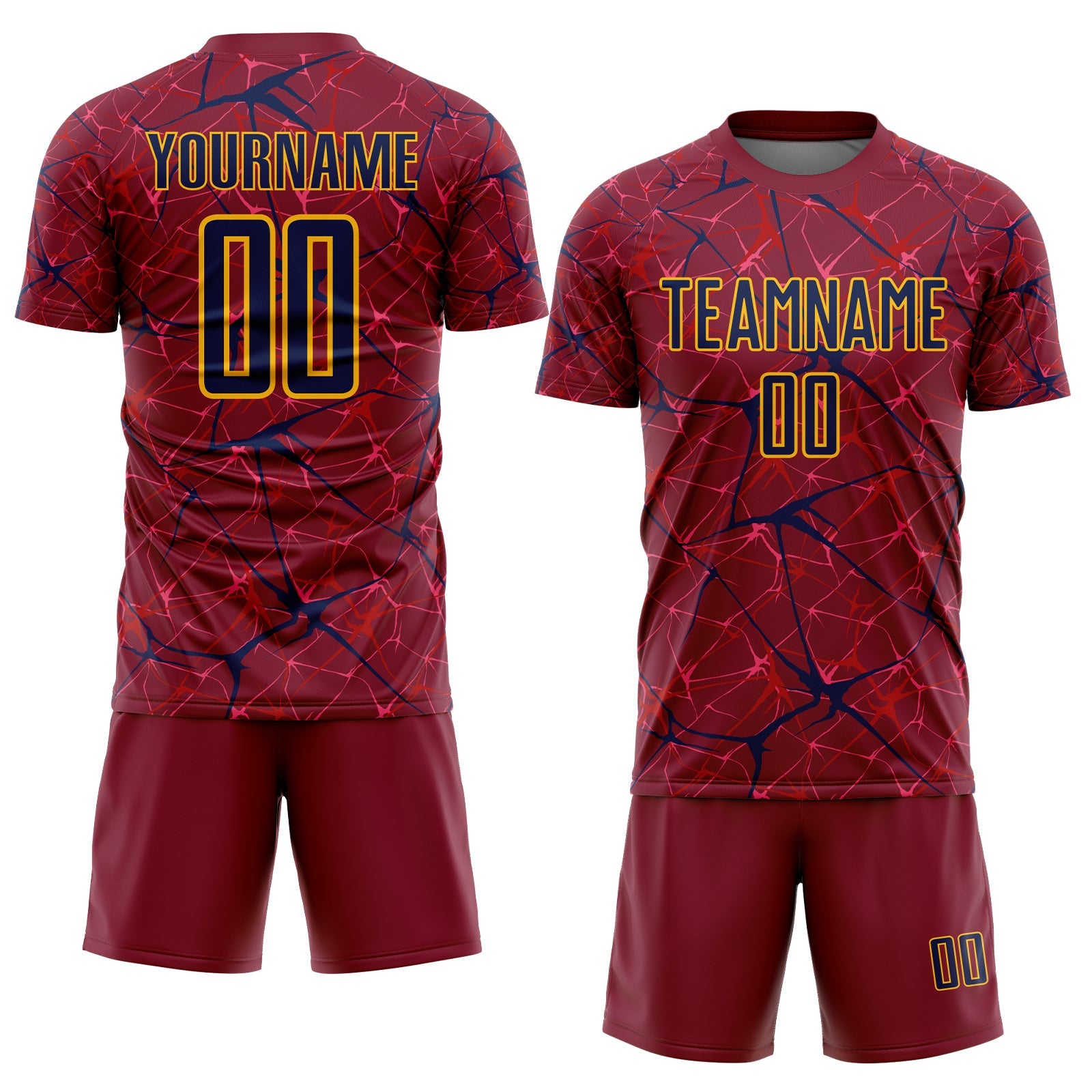 Custom Crimson Navy-Gold Abstract Network Crackle Sublimation Soccer Uniform Jersey view 2