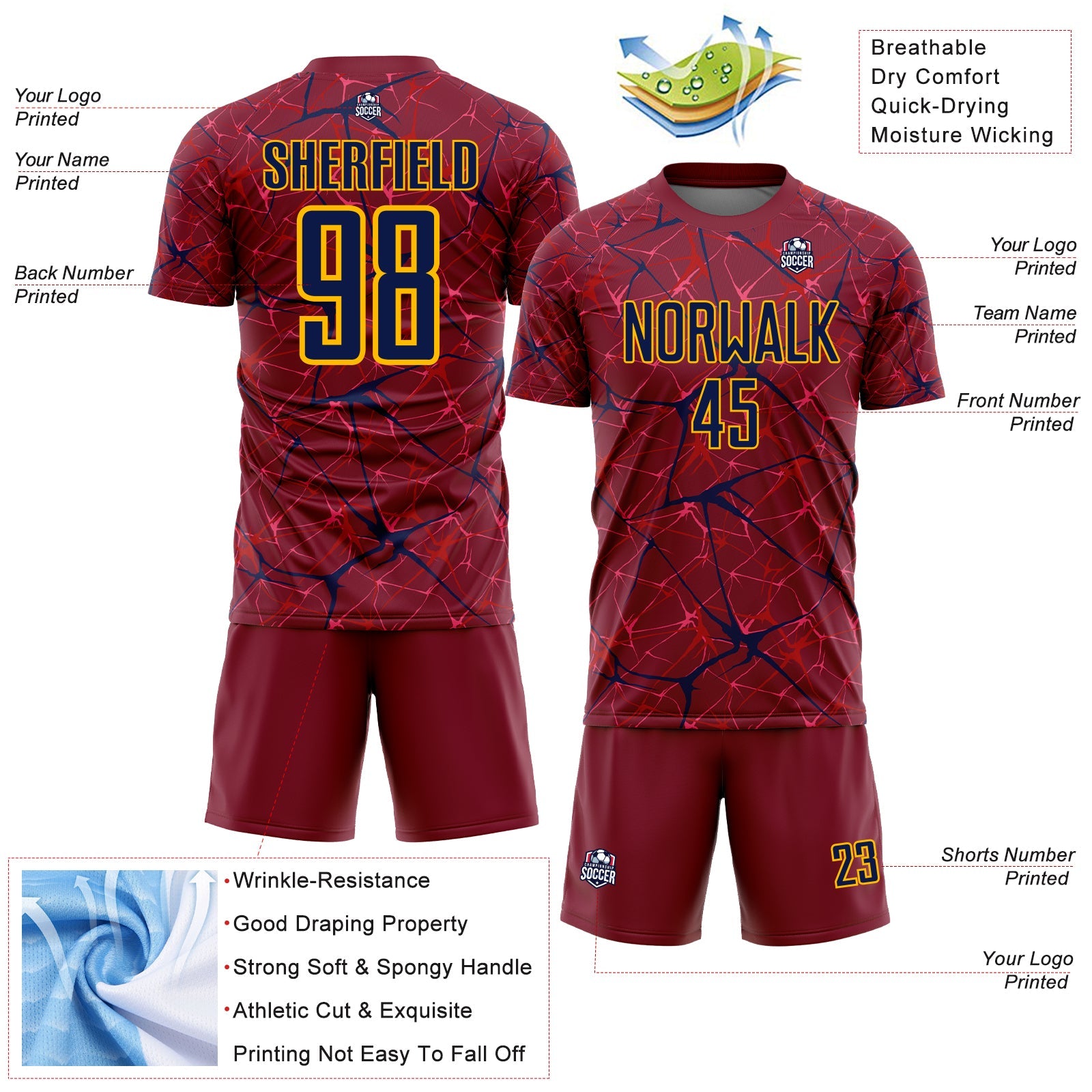 Custom Crimson Navy-Gold Abstract Network Crackle Sublimation Soccer Uniform Jersey view 4
