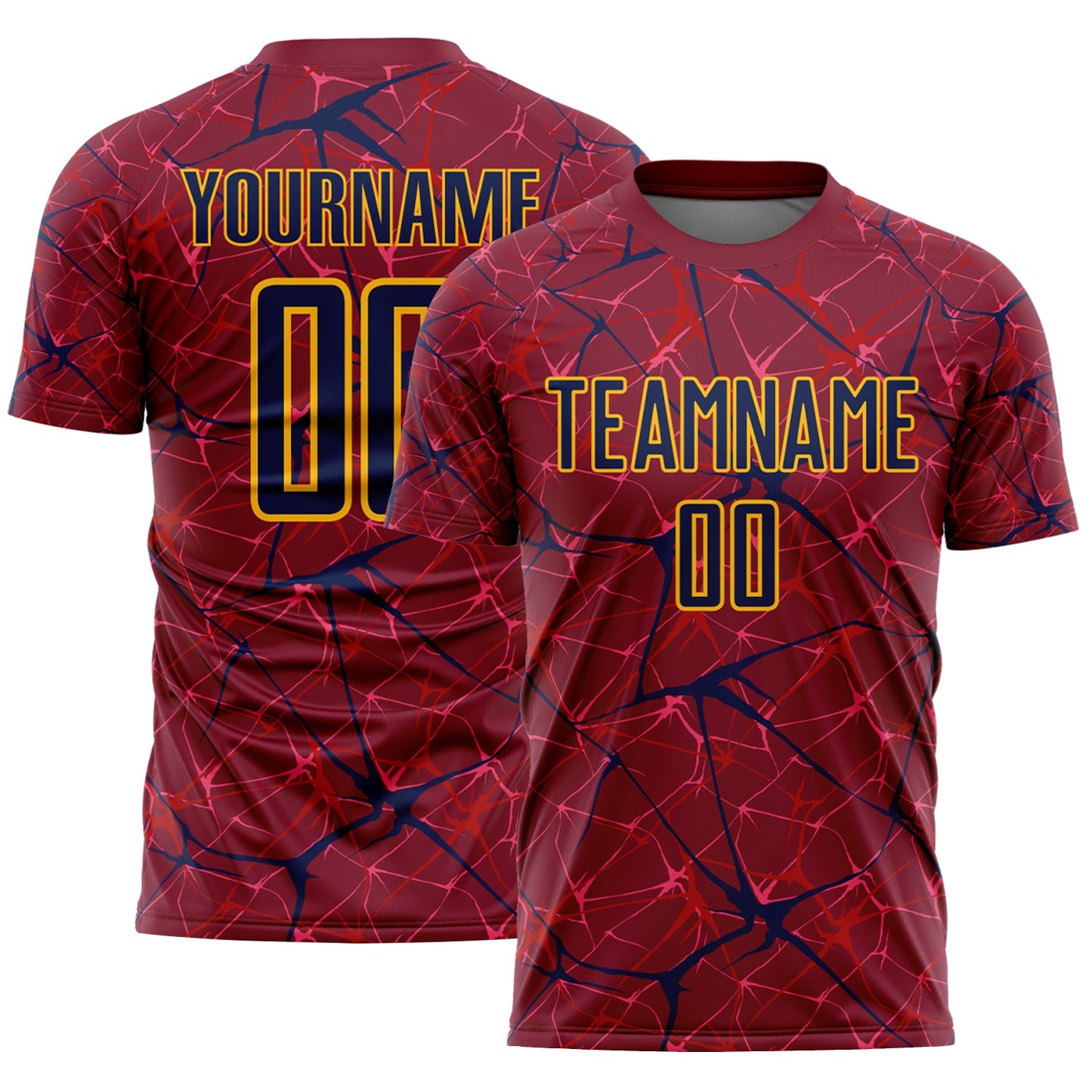 Custom Crimson Navy-Gold Abstract Network Crackle Sublimation Soccer Uniform Jersey - Main View