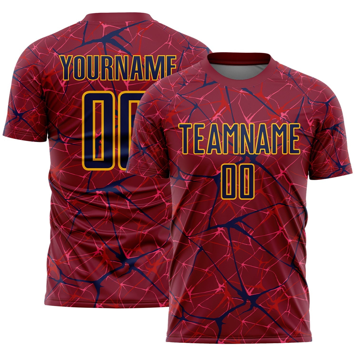 Custom Crimson Navy-Gold Abstract Network Crackle Sublimation Soccer Uniform Jersey - Main View
