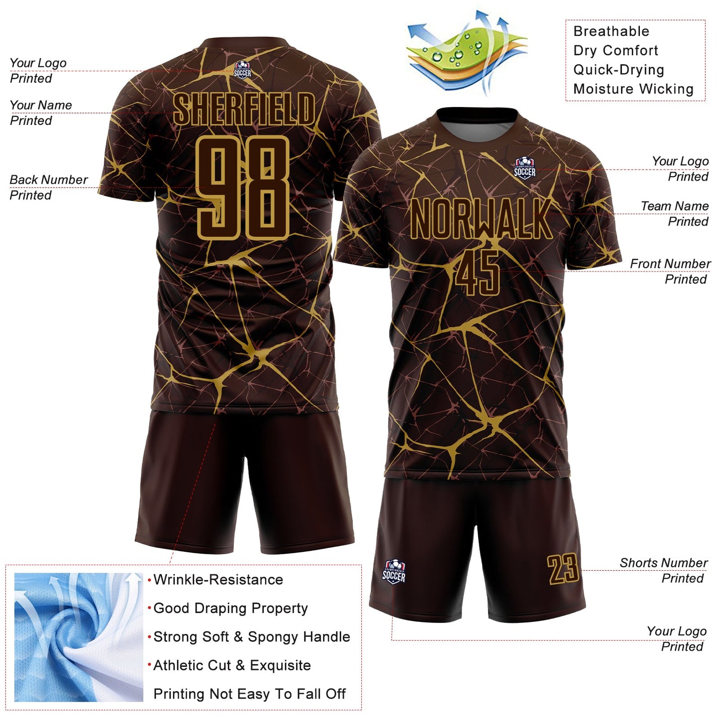 Custom Brown-Old Gold Abstract Network Crackle Sublimation Soccer Uniform Jersey view 4