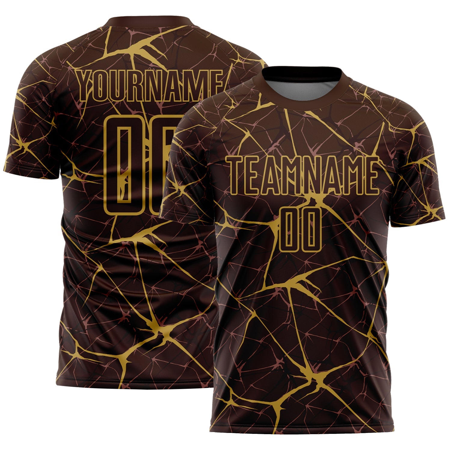Custom Brown-Old Gold Abstract Network Crackle Sublimation Soccer Uniform Jersey - Main View