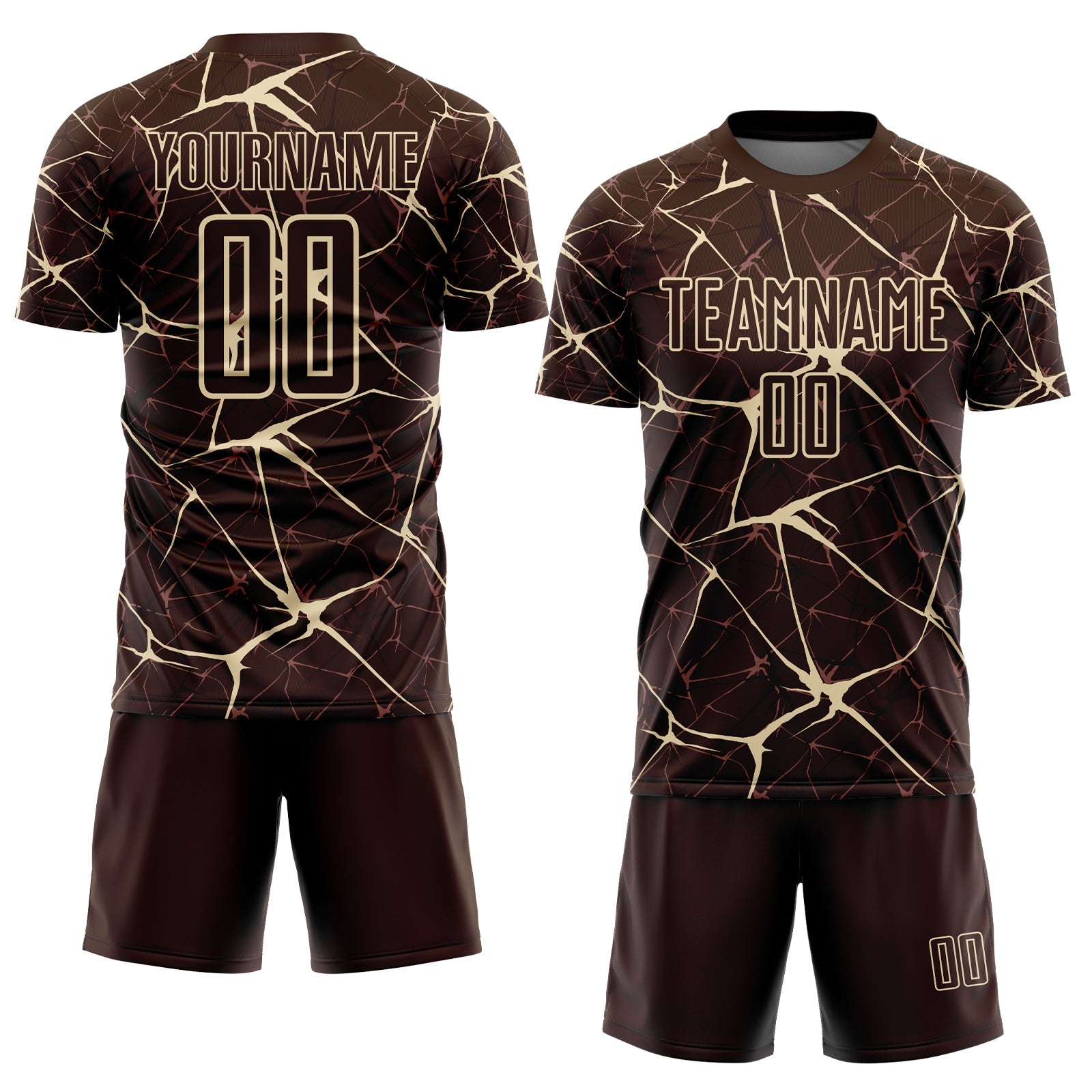 Custom Brown-Cream Abstract Network Crackle Sublimation Soccer Uniform Jersey view 2