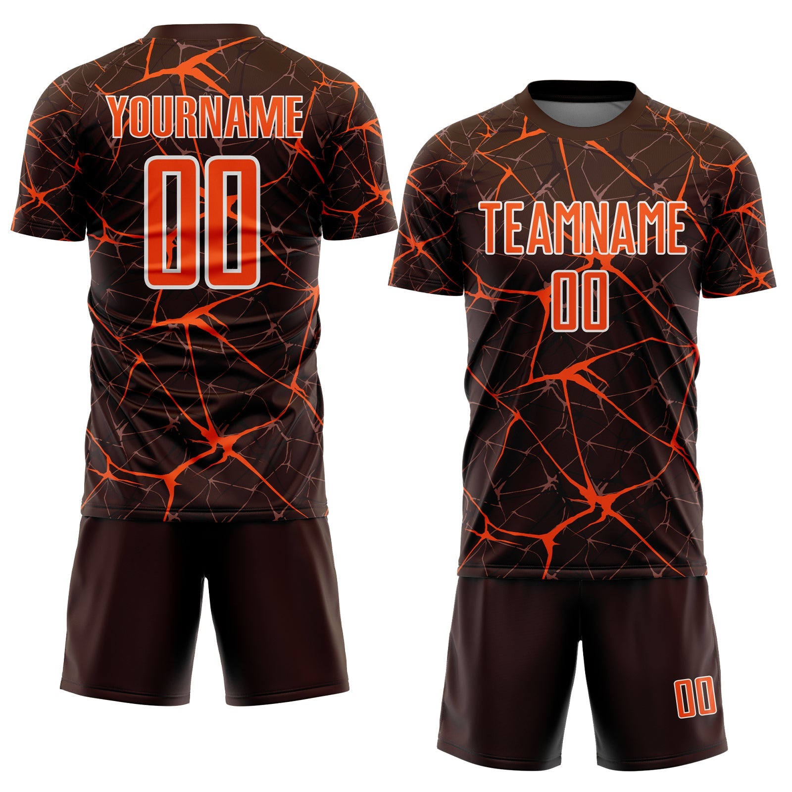 Custom Brown Orange-White Abstract Network Crackle Sublimation Soccer Uniform Jersey view 2