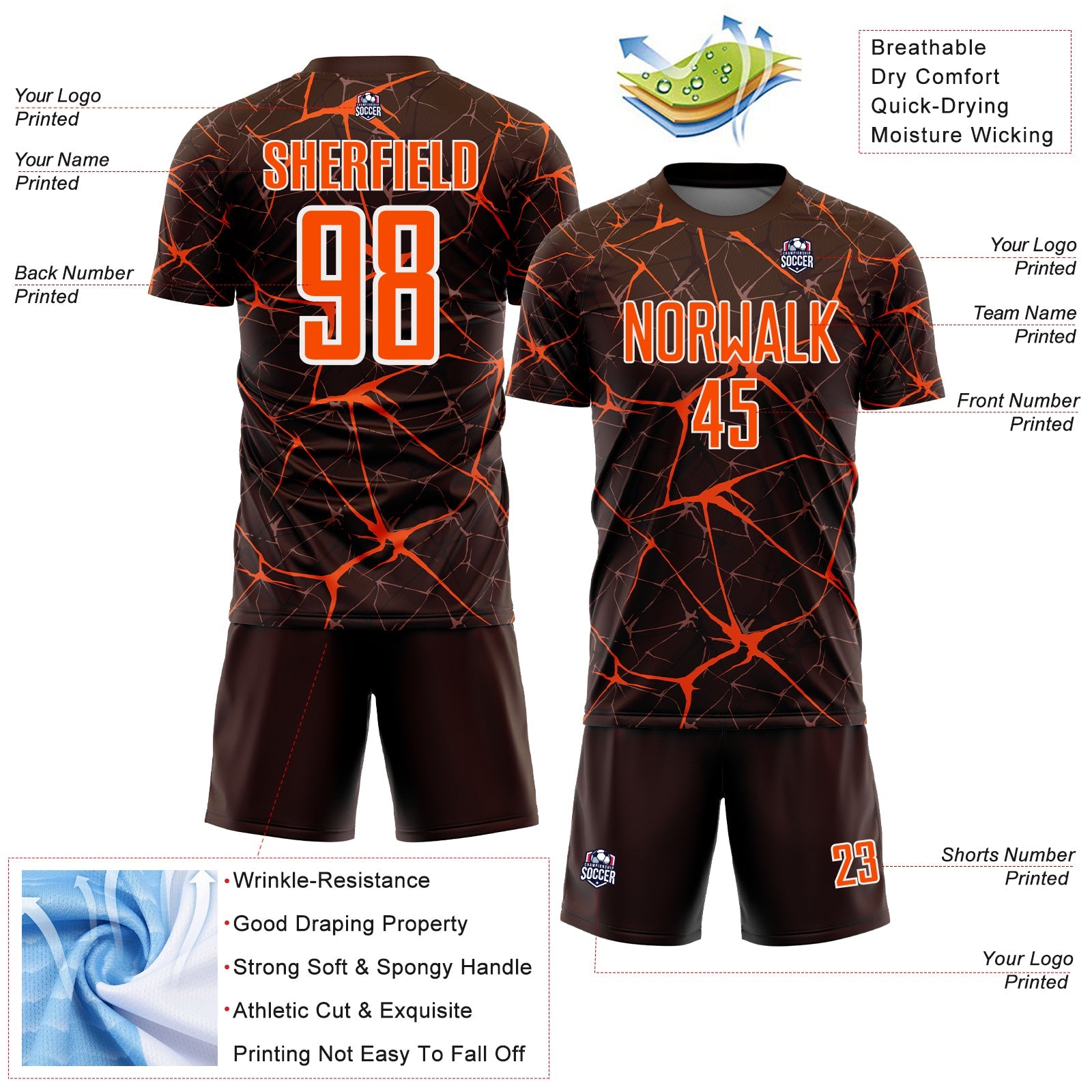 Custom Brown Orange-White Abstract Network Crackle Sublimation Soccer Uniform Jersey view 4