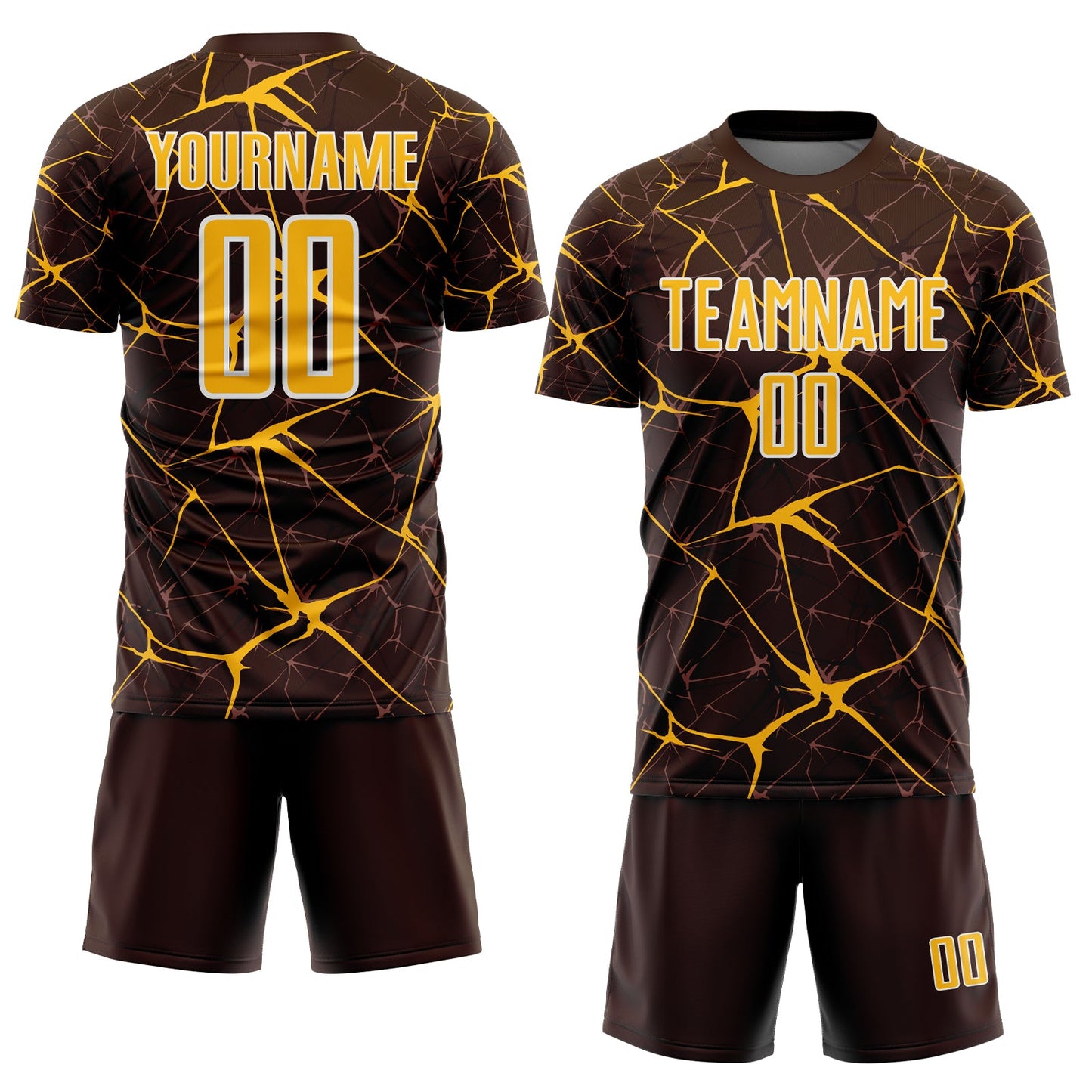 Custom Brown Gold-White Abstract Network Crackle Sublimation Soccer Uniform Jersey view 2