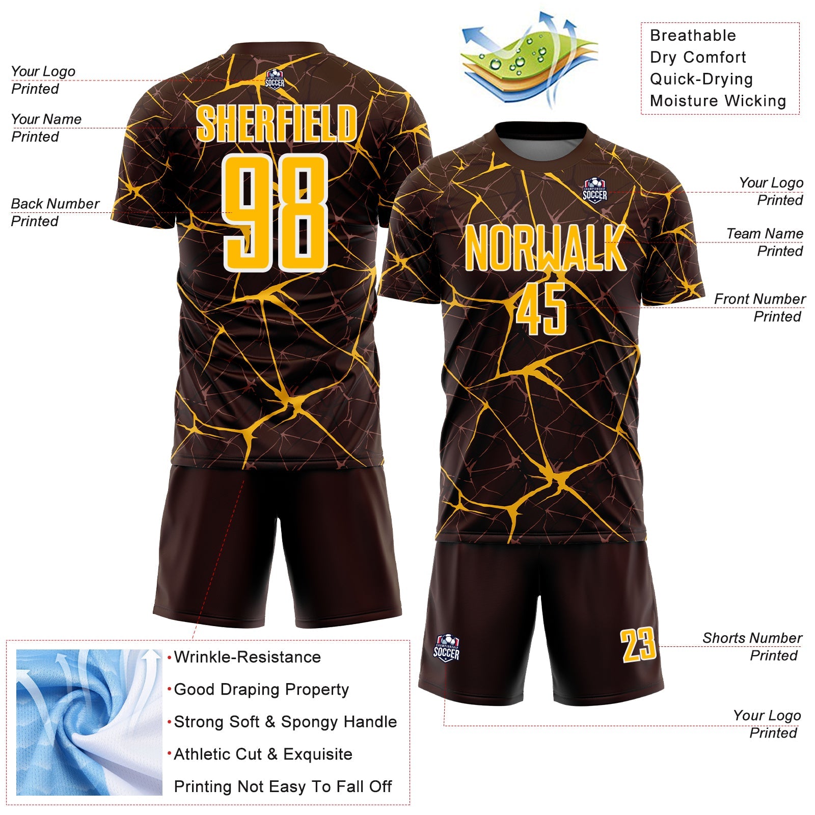 Custom Brown Gold-White Abstract Network Crackle Sublimation Soccer Uniform Jersey view 4