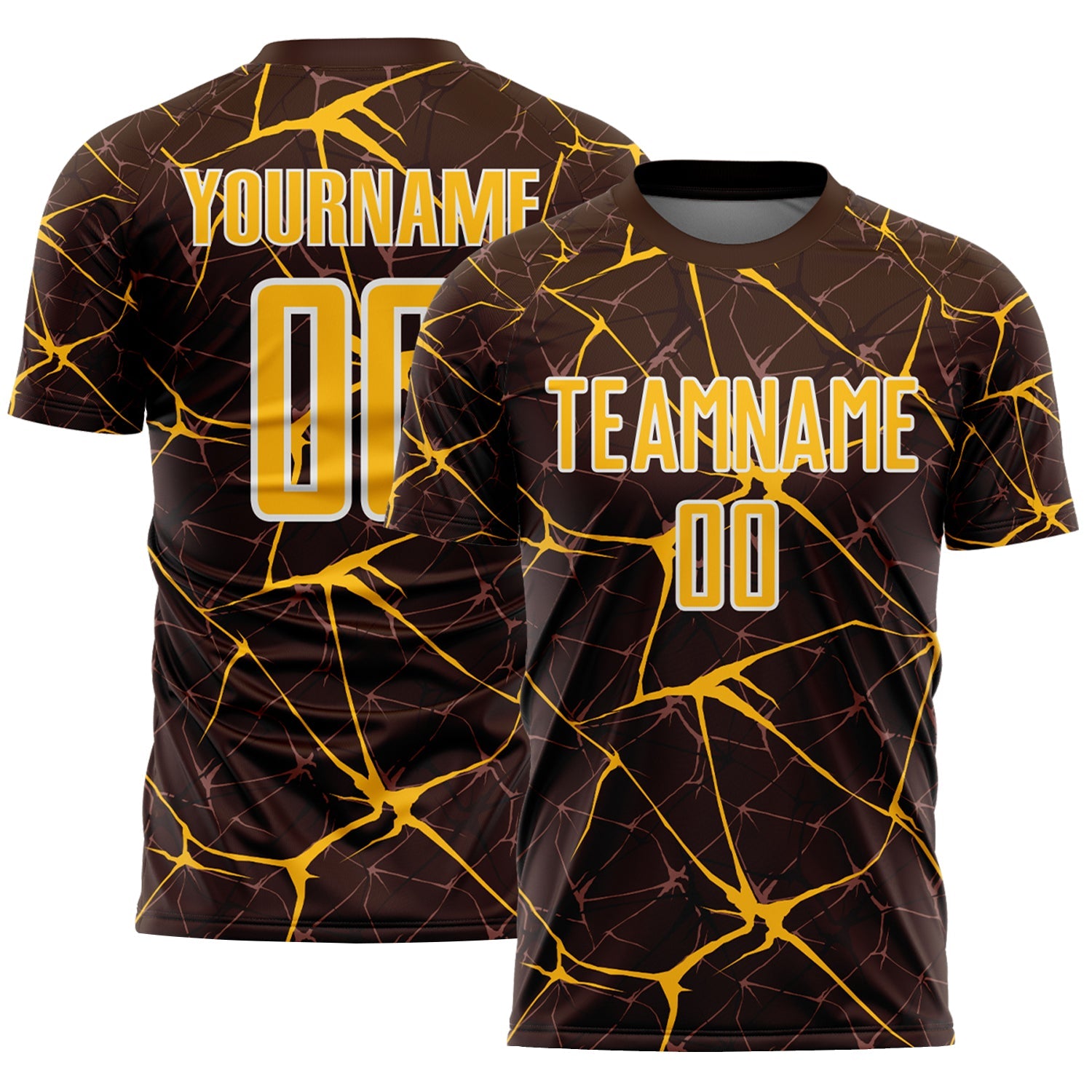 Custom Brown Gold-White Abstract Network Crackle Sublimation Soccer Uniform Jersey - Main View