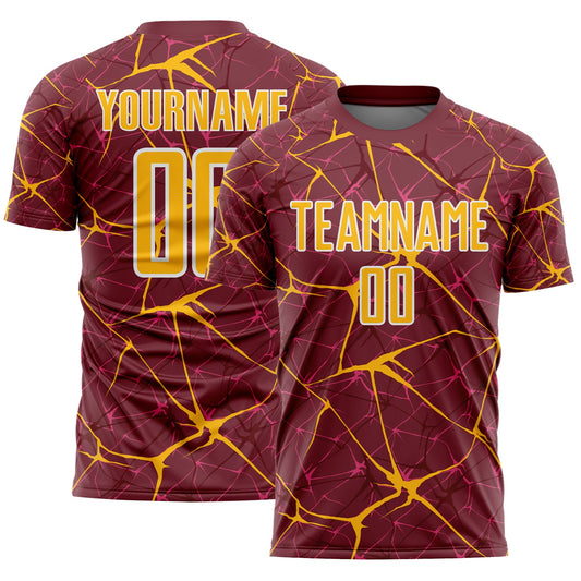 Custom Burgundy Gold-White Abstract Network Crackle Sublimation Soccer Uniform Jersey - Main View