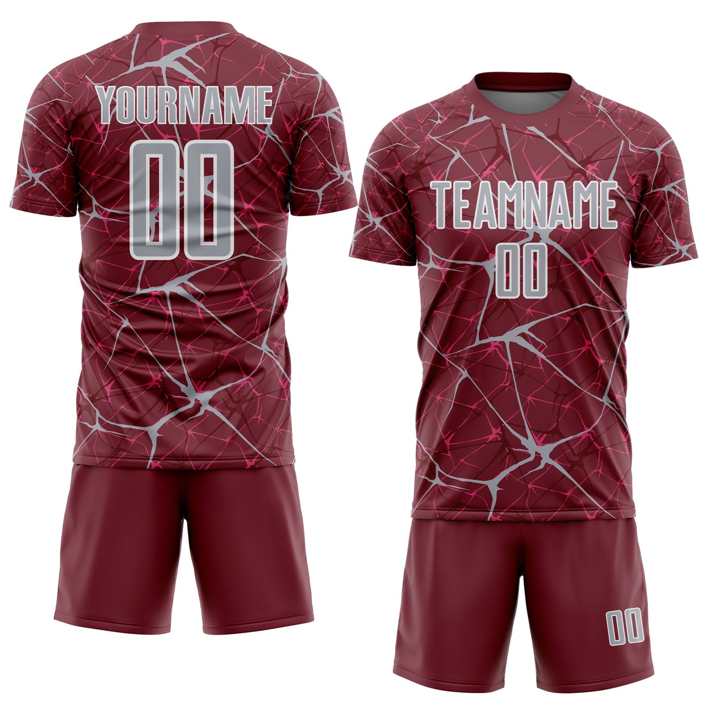 Custom Burgundy Gray-White Abstract Network Crackle Sublimation Soccer Uniform Jersey view 2