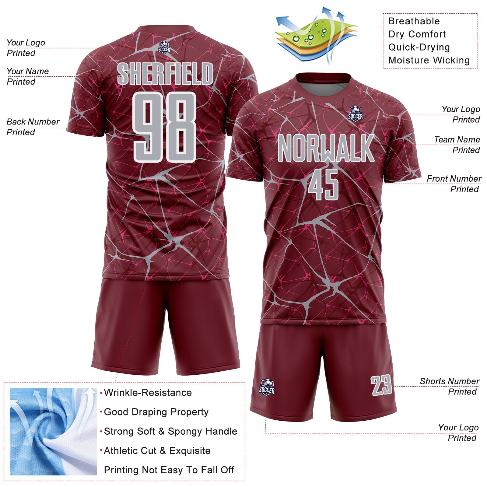 Custom Burgundy Gray-White Abstract Network Crackle Sublimation Soccer Uniform Jersey view 4