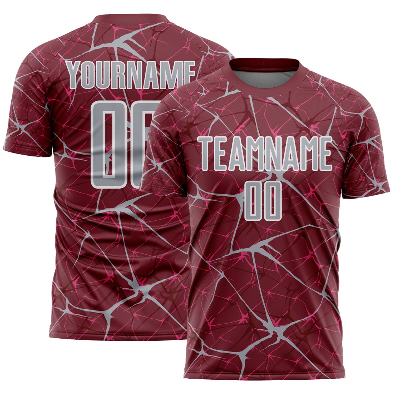 Custom Burgundy Gray-White Abstract Network Crackle Sublimation Soccer Uniform Jersey - Main View