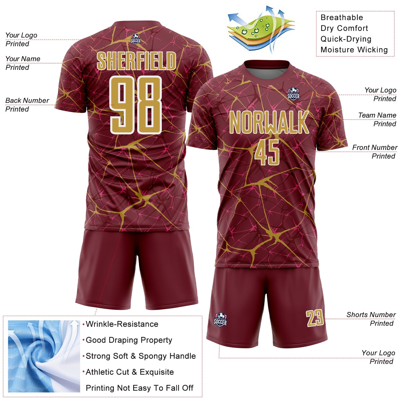 Custom Burgundy Old Gold-White Abstract Network Crackle Sublimation Soccer Uniform Jersey view 4