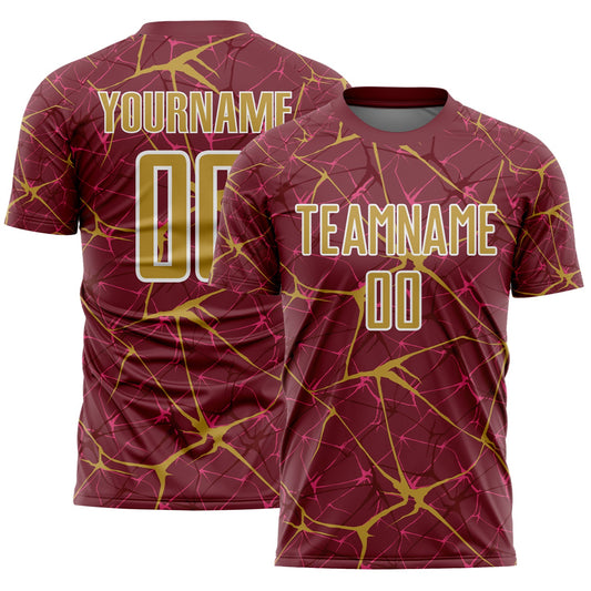 Custom Burgundy Old Gold-White Abstract Network Crackle Sublimation Soccer Uniform Jersey - Main View