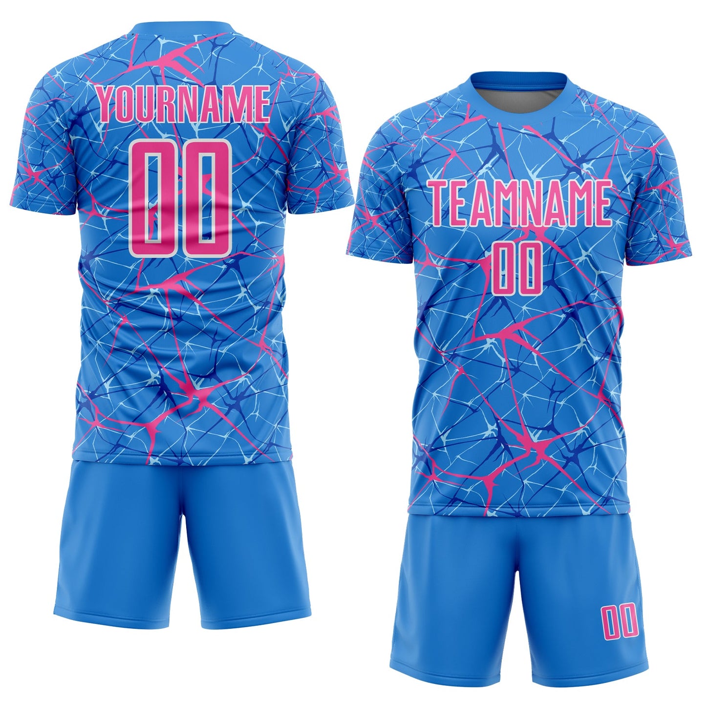 Custom Powder Blue Pink-White Abstract Network Crackle Sublimation Soccer Uniform Jersey view 2