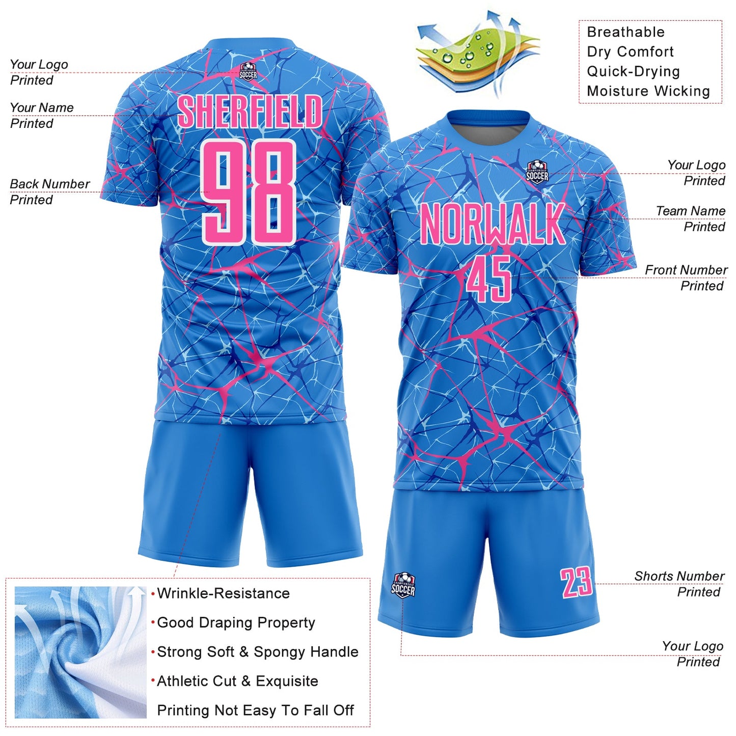 Custom Powder Blue Pink-White Abstract Network Crackle Sublimation Soccer Uniform Jersey view 4