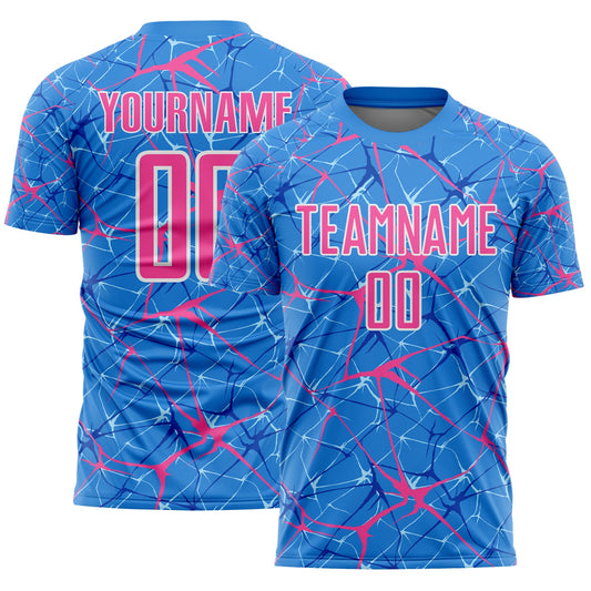 Custom Powder Blue Pink-White Abstract Network Crackle Sublimation Soccer Uniform Jersey - Main View