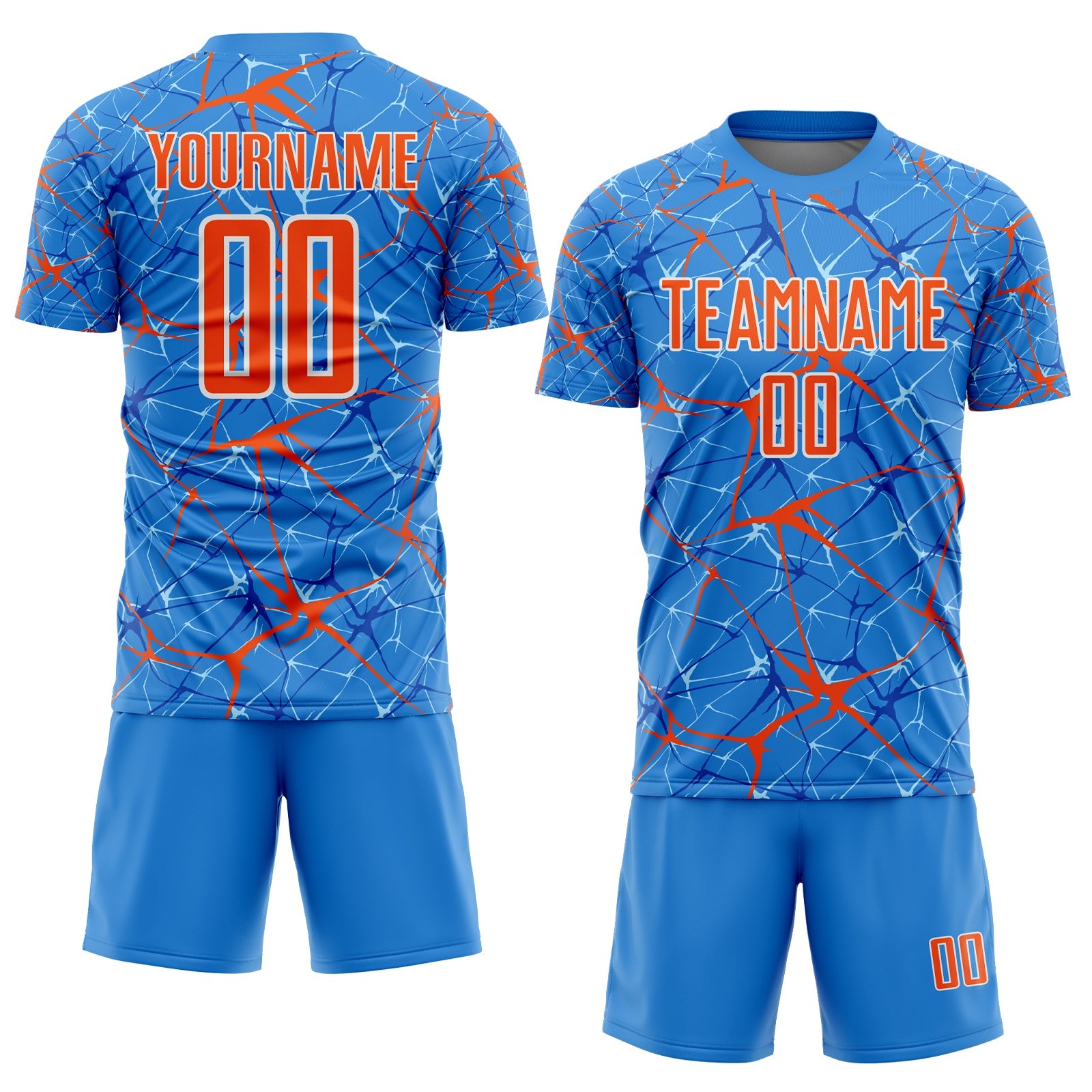 Custom Powder Blue Orange-White Abstract Network Crackle Sublimation Soccer Uniform Jersey view 2