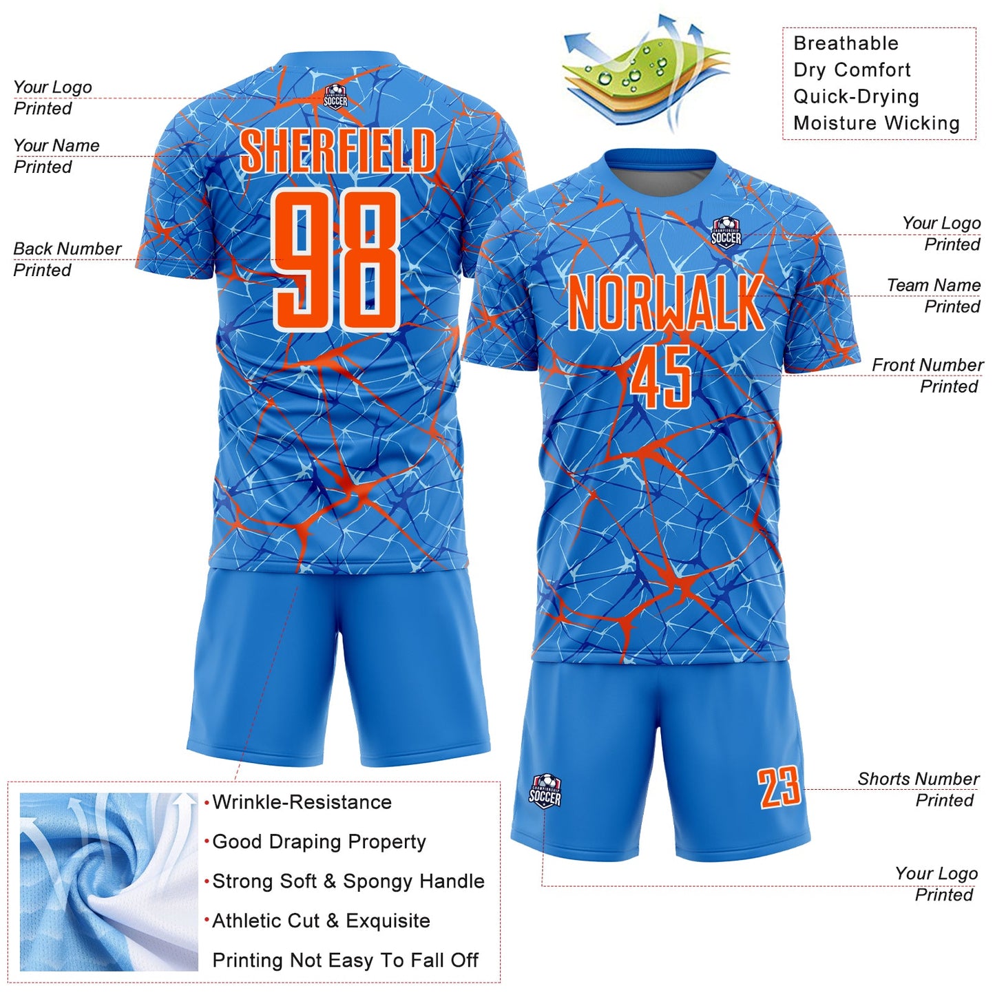 Custom Powder Blue Orange-White Abstract Network Crackle Sublimation Soccer Uniform Jersey view 4