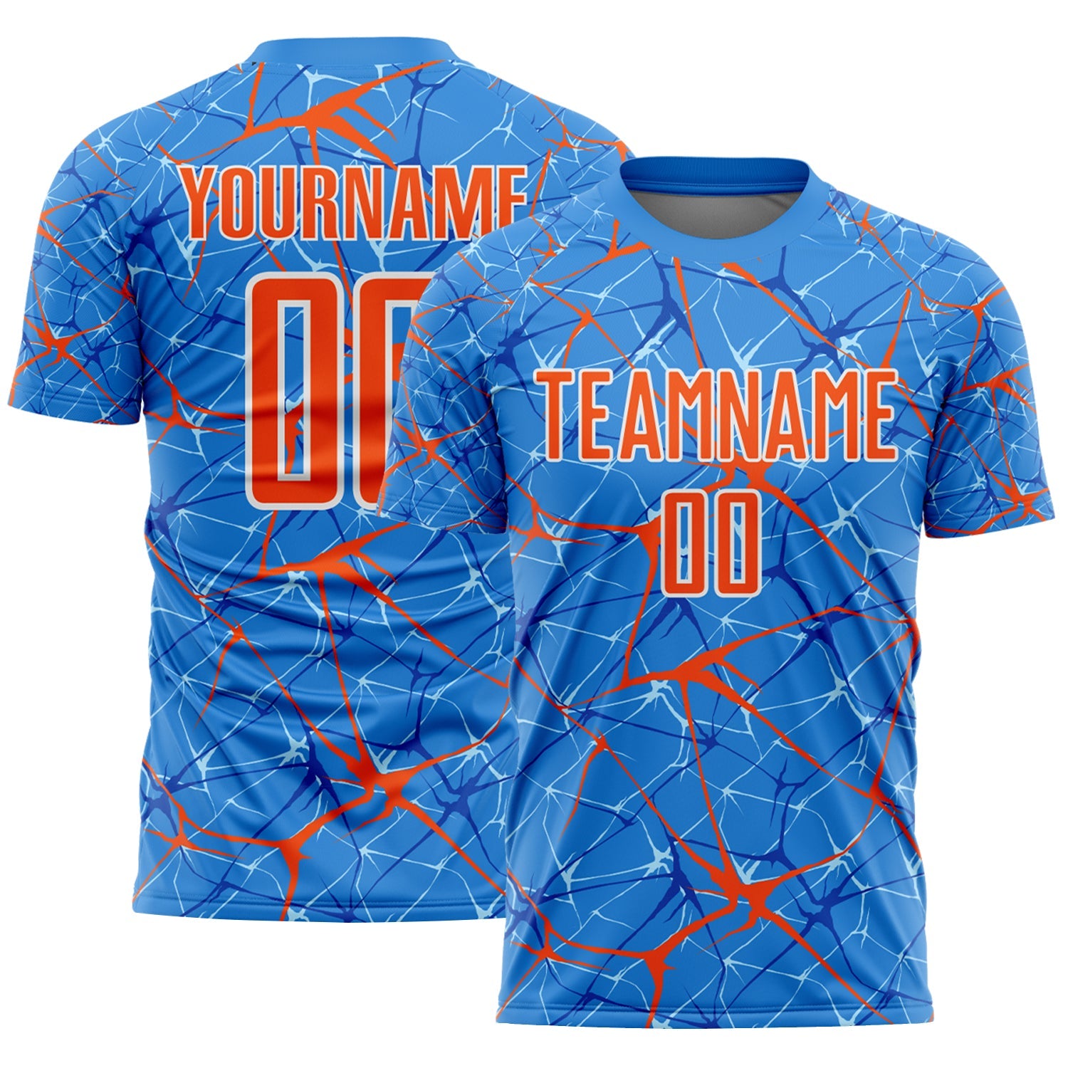 Custom Powder Blue Orange-White Abstract Network Crackle Sublimation Soccer Uniform Jersey - Main View