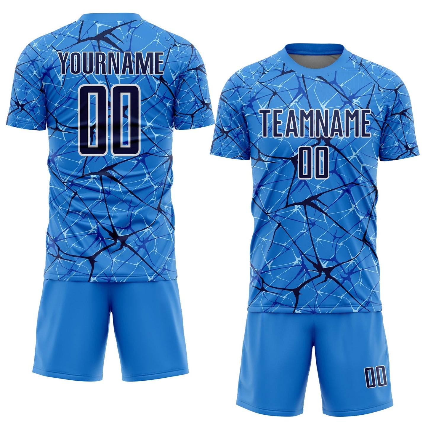 Custom Powder Blue Navy-White Abstract Network Crackle Sublimation Soccer Uniform Jersey view 2