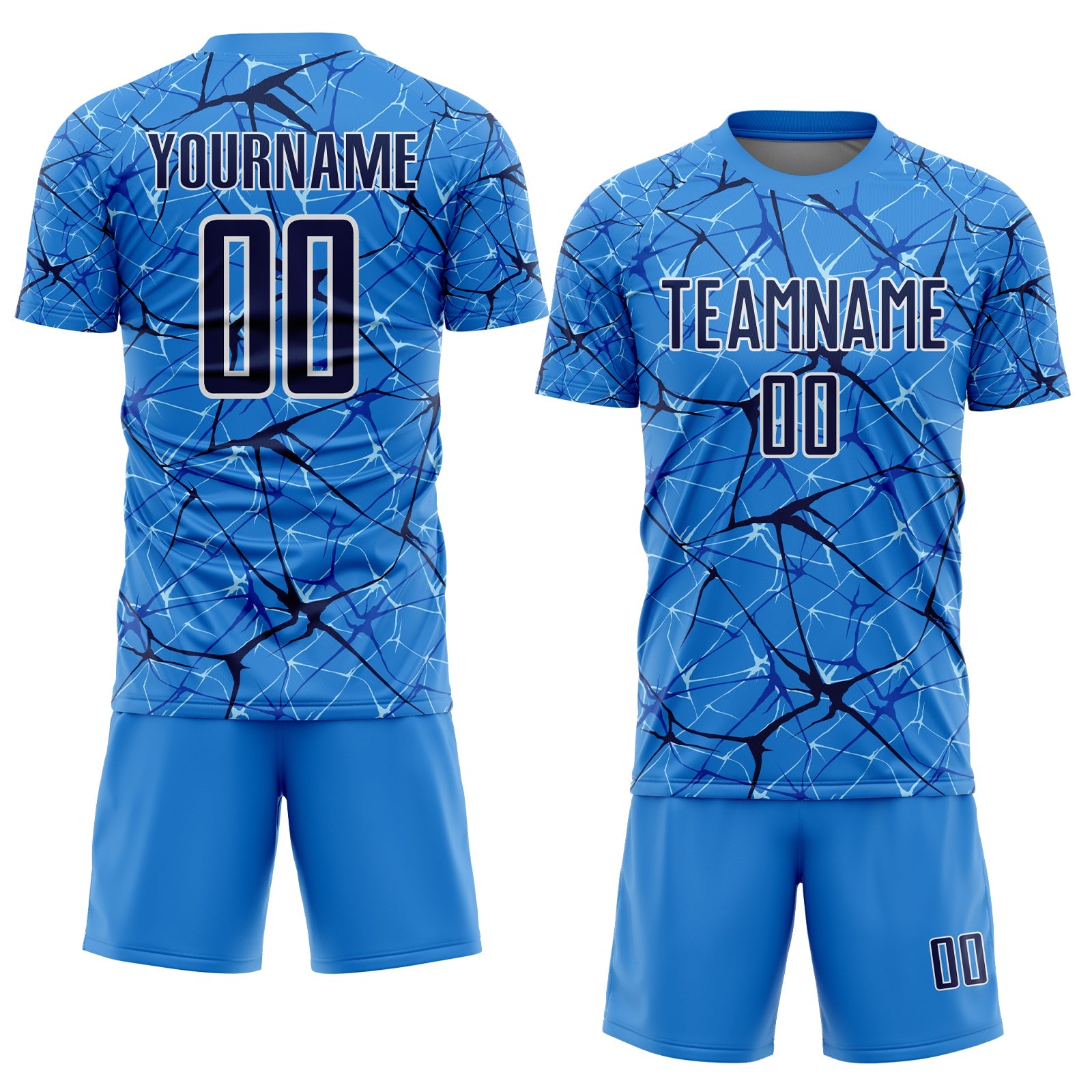 Custom Powder Blue Navy-White Abstract Network Crackle Sublimation Soccer Uniform Jersey view 2