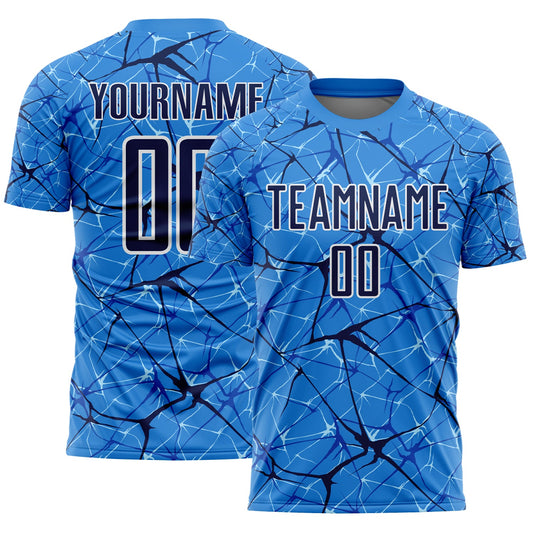 Custom Powder Blue Navy-White Abstract Network Crackle Sublimation Soccer Uniform Jersey - Main View