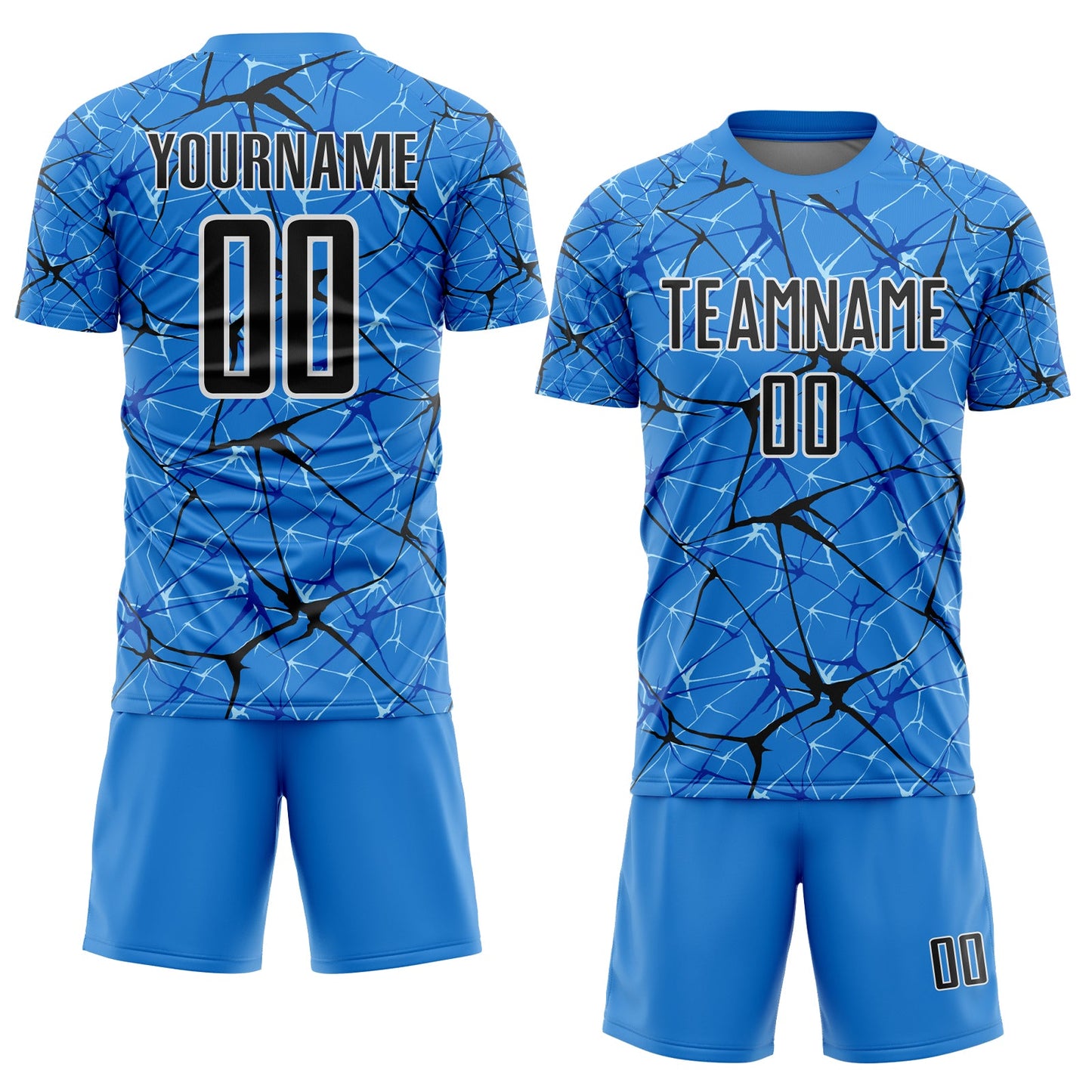Custom Powder Blue Black-White Abstract Network Crackle Sublimation Soccer Uniform Jersey view 2