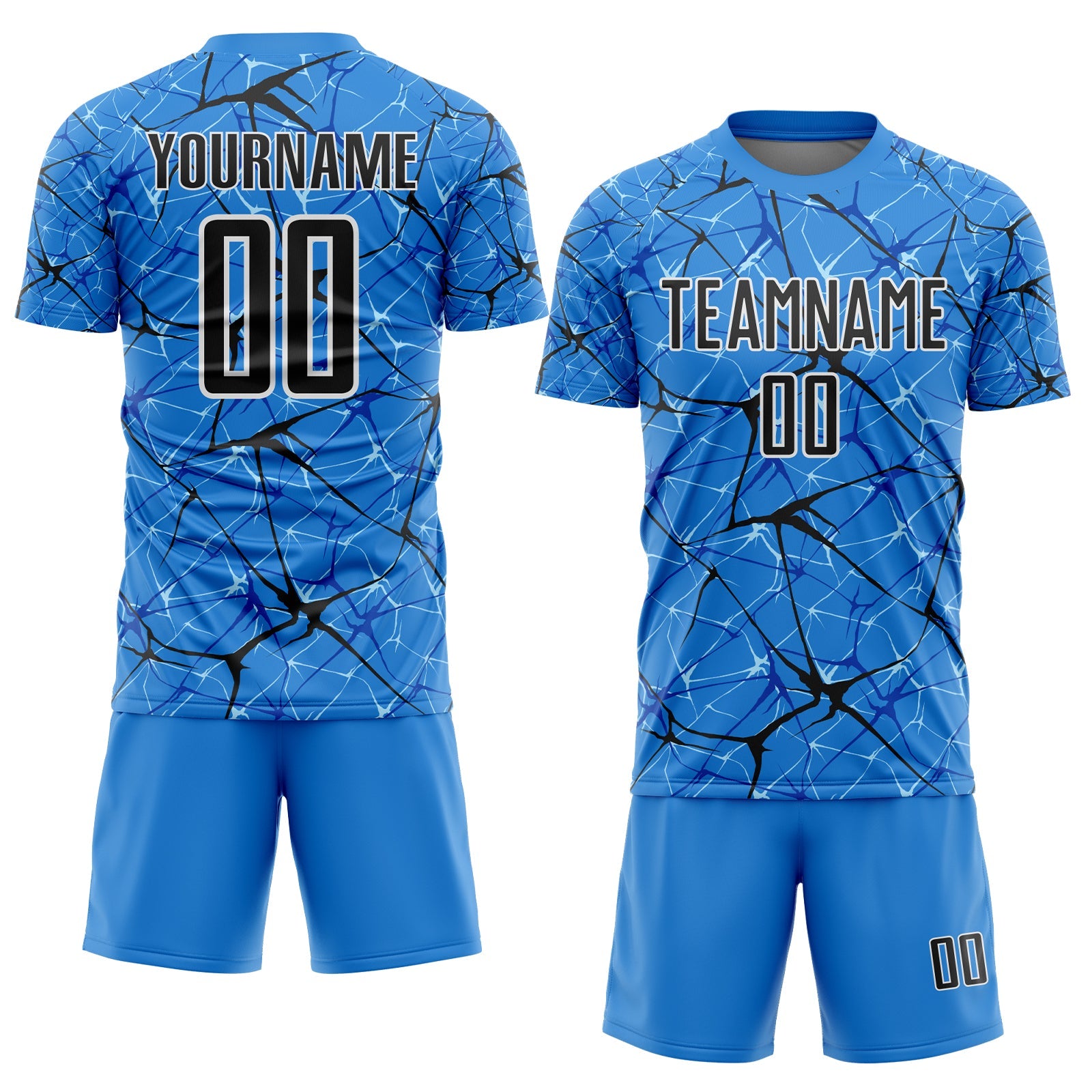 Custom Powder Blue Black-White Abstract Network Crackle Sublimation Soccer Uniform Jersey view 2