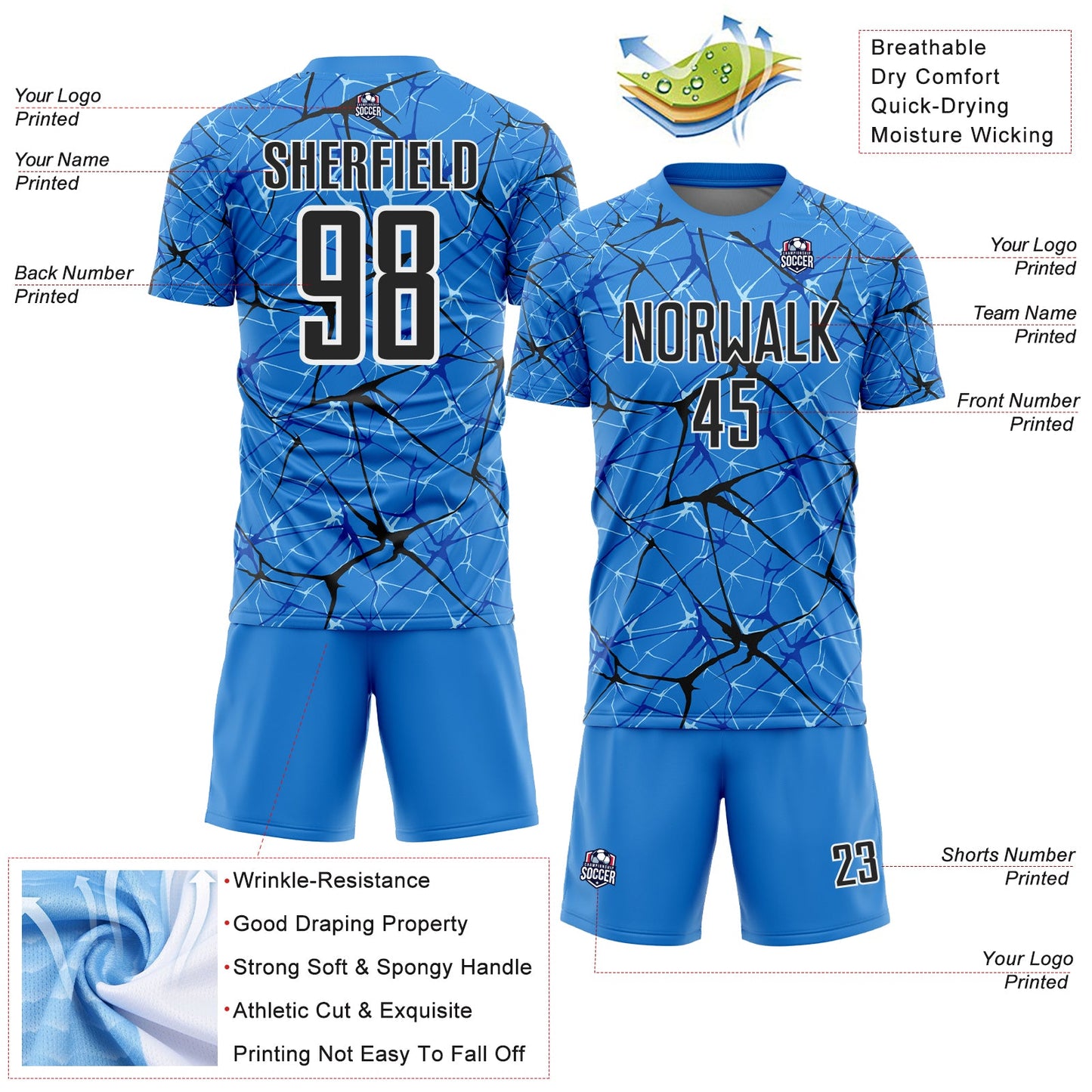 Custom Powder Blue Black-White Abstract Network Crackle Sublimation Soccer Uniform Jersey view 4