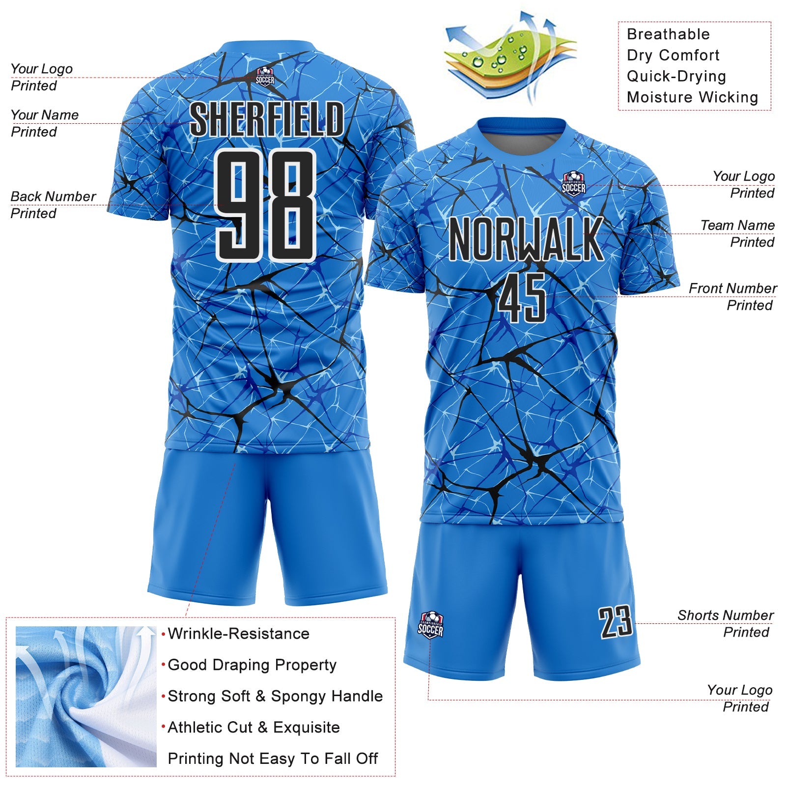 Custom Powder Blue Black-White Abstract Network Crackle Sublimation Soccer Uniform Jersey view 4