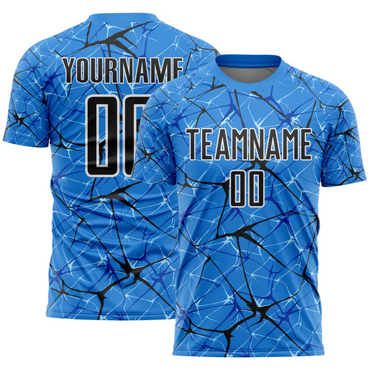 Custom Powder Blue Black-White Abstract Network Crackle Sublimation Soccer Uniform Jersey - Main View