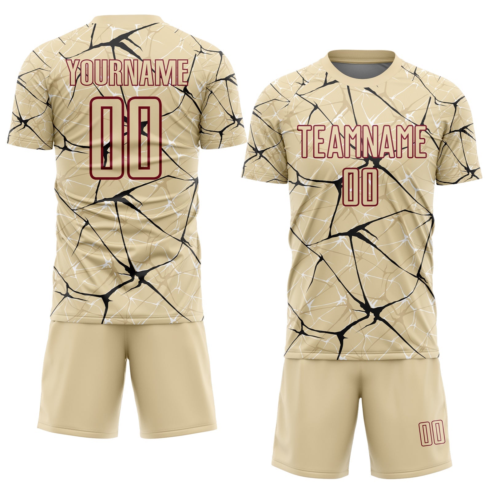 Custom Cream Black-Crimson Abstract Network Crackle Sublimation Soccer Uniform Jersey view 2