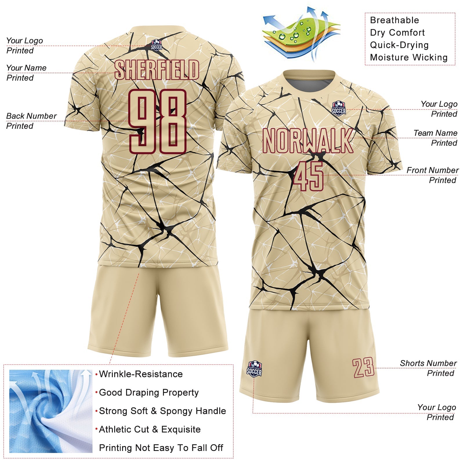 Custom Cream Black-Crimson Abstract Network Crackle Sublimation Soccer Uniform Jersey view 4