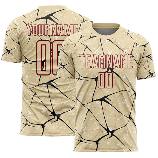 Custom Cream Black-Crimson Abstract Network Crackle Sublimation Soccer Uniform Jersey - Main View