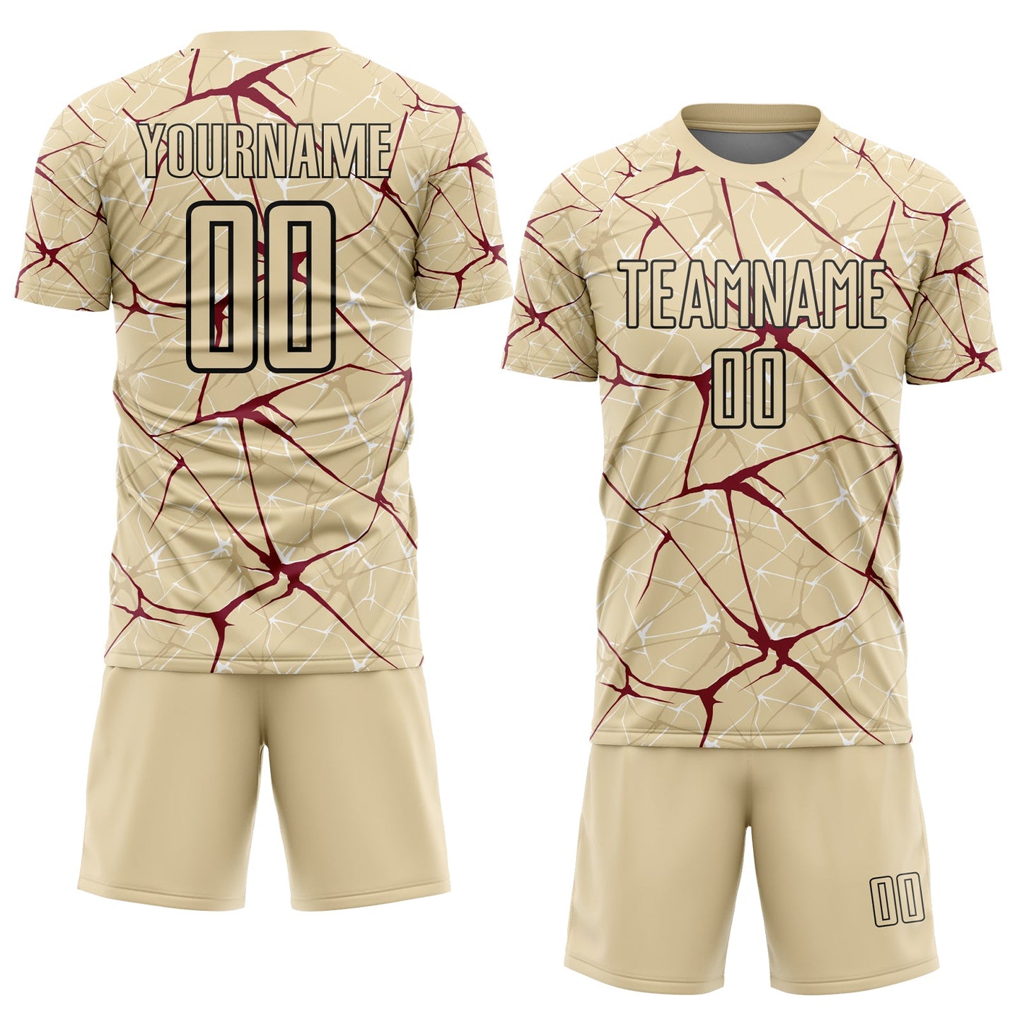 Custom Cream Crimson-Black Abstract Network Crackle Sublimation Soccer Uniform Jersey view 2