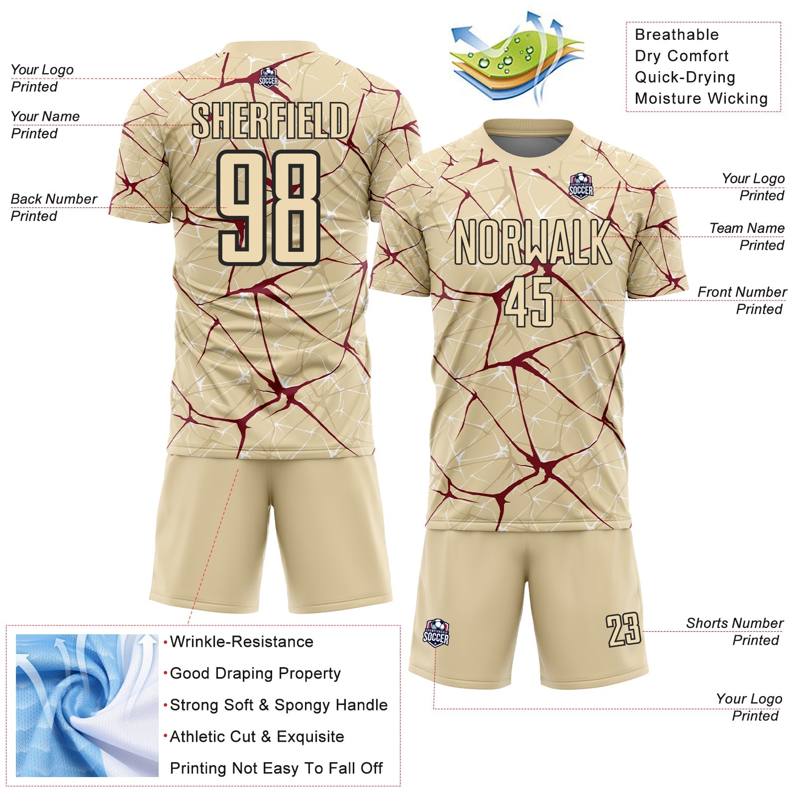 Custom Cream Crimson-Black Abstract Network Crackle Sublimation Soccer Uniform Jersey view 4