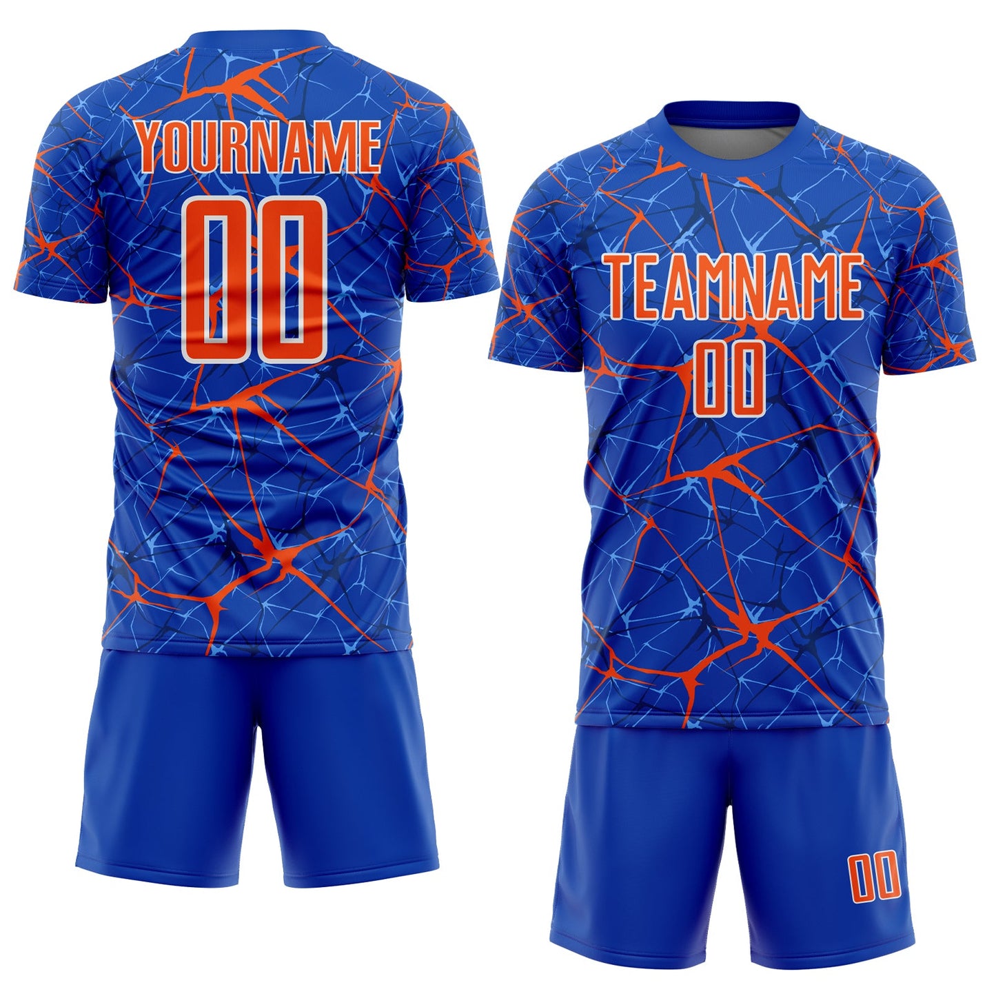 Custom Thunder Blue Orange-White Abstract Network Crackle Sublimation Soccer Uniform Jersey view 2