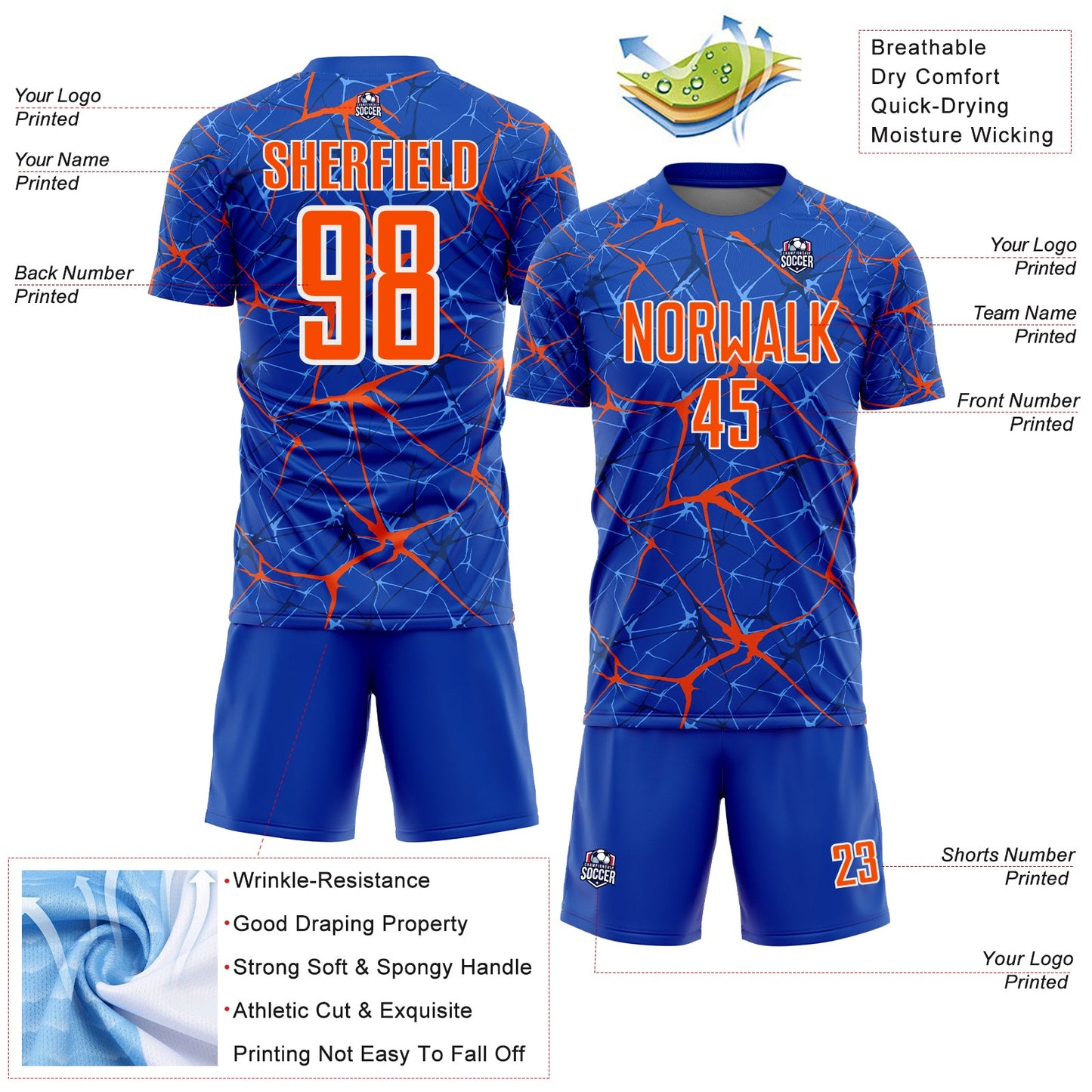 Custom Thunder Blue Orange-White Abstract Network Crackle Sublimation Soccer Uniform Jersey view 4