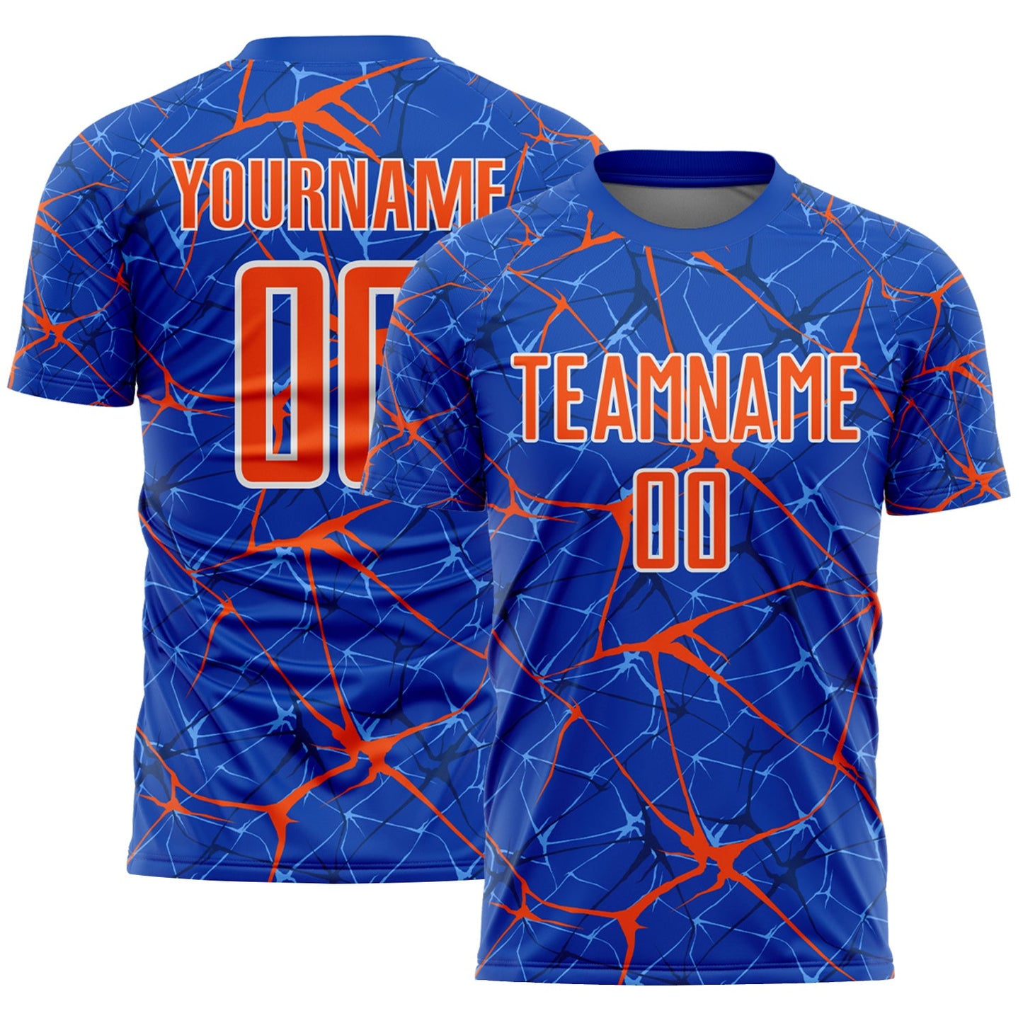Custom Thunder Blue Orange-White Abstract Network Crackle Sublimation Soccer Uniform Jersey - Main View
