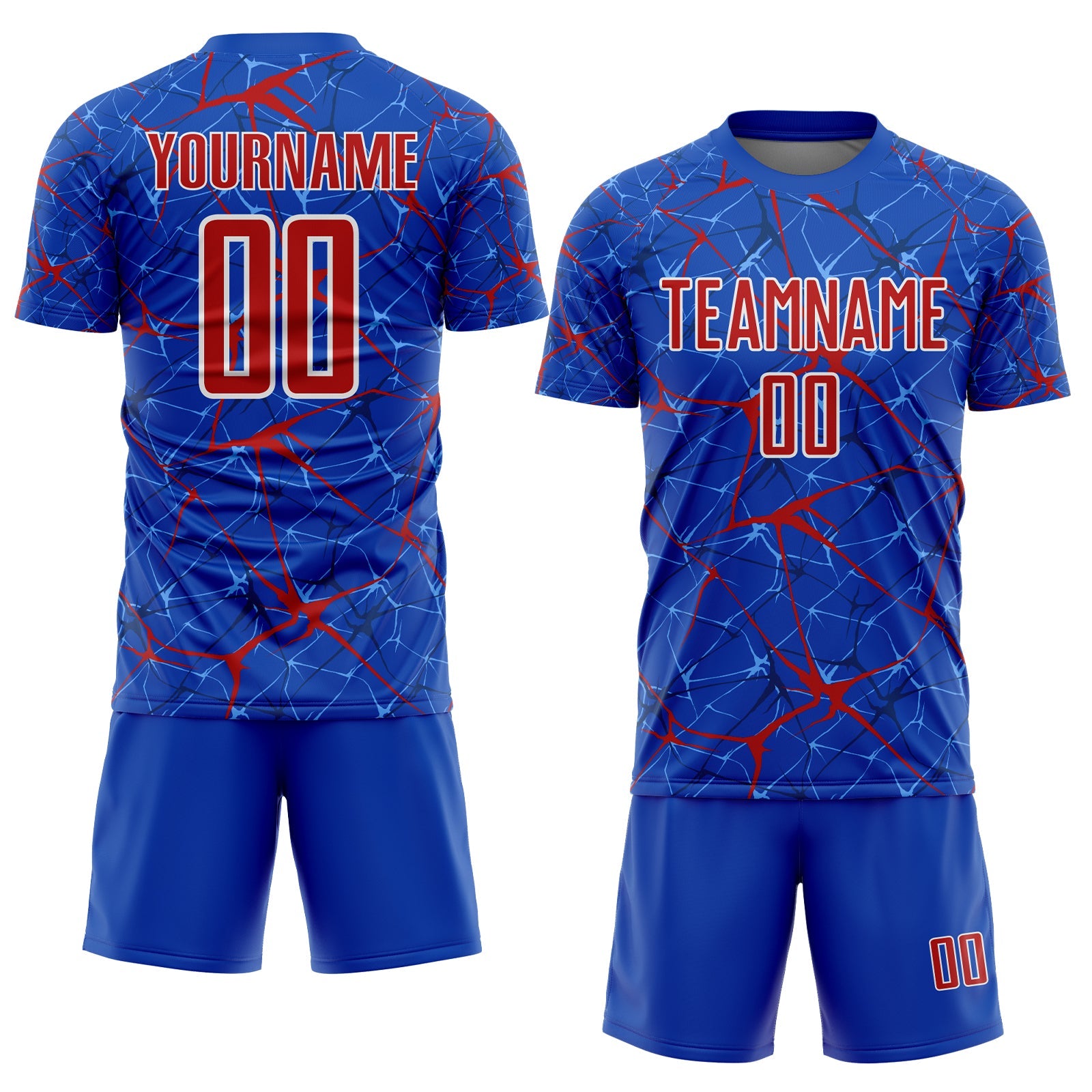 Custom Thunder Blue Red-White Abstract Network Crackle Sublimation Soccer Uniform Jersey view 2