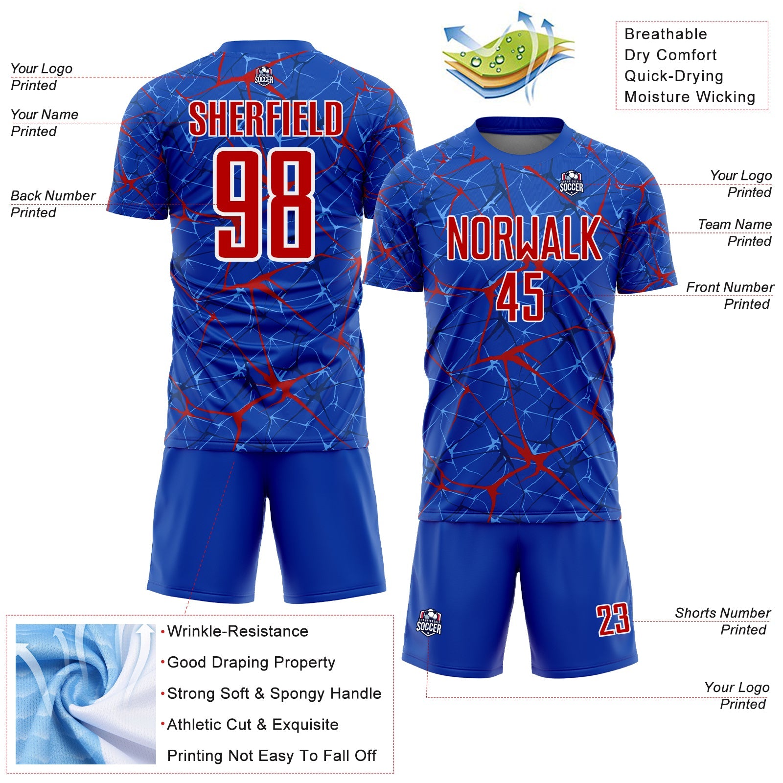 Custom Thunder Blue Red-White Abstract Network Crackle Sublimation Soccer Uniform Jersey view 4