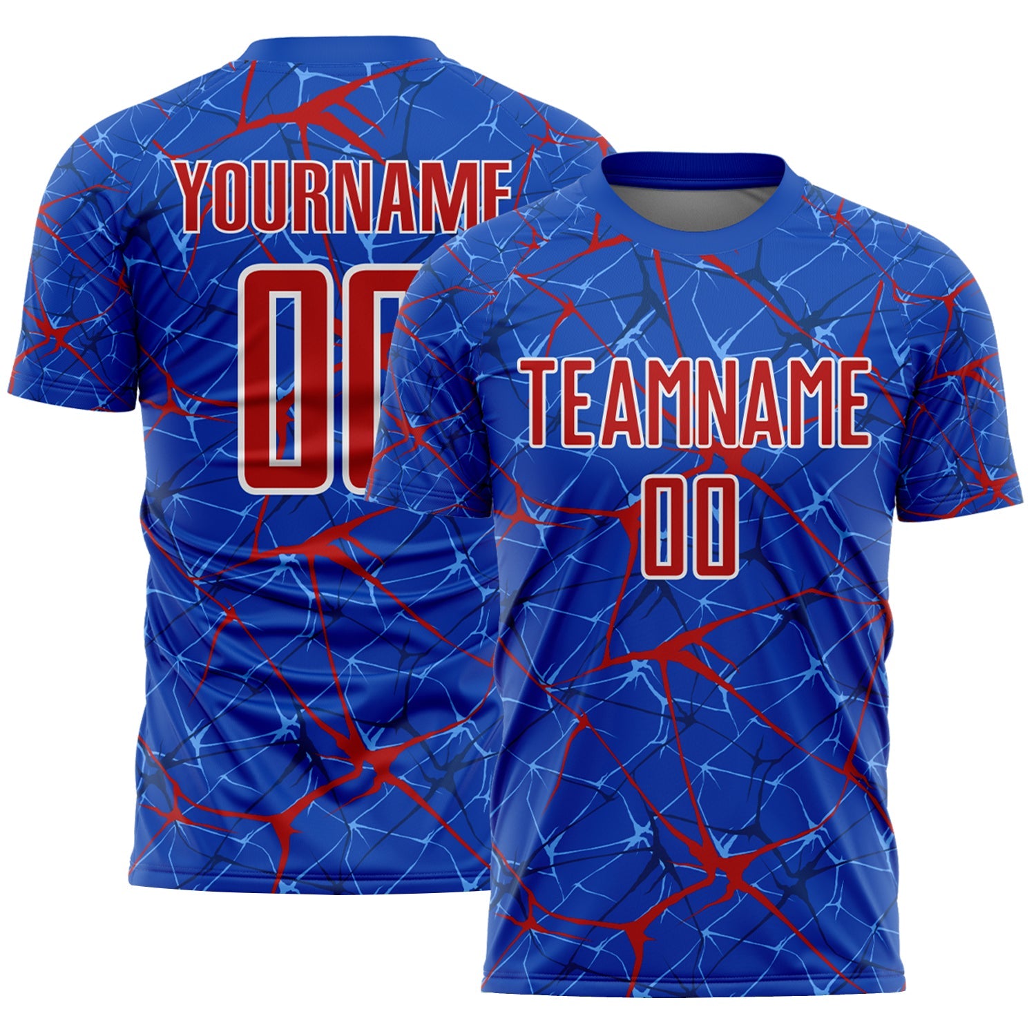 Custom Thunder Blue Red-White Abstract Network Crackle Sublimation Soccer Uniform Jersey - Main View
