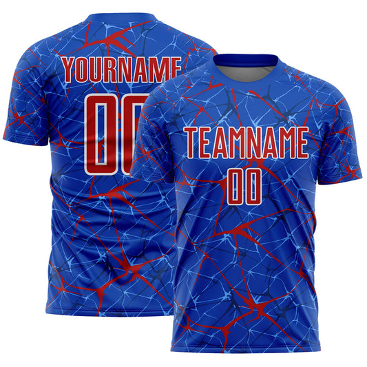 Custom Thunder Blue Red-White Abstract Network Crackle Sublimation Soccer Uniform Jersey - Main View