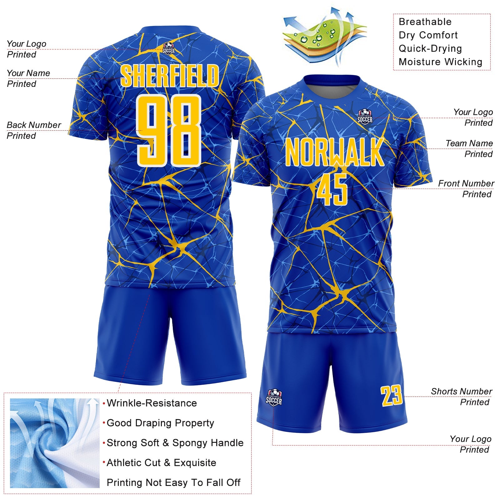Custom Thunder Blue Yellow-White Abstract Network Crackle Sublimation Soccer Uniform Jersey view 4